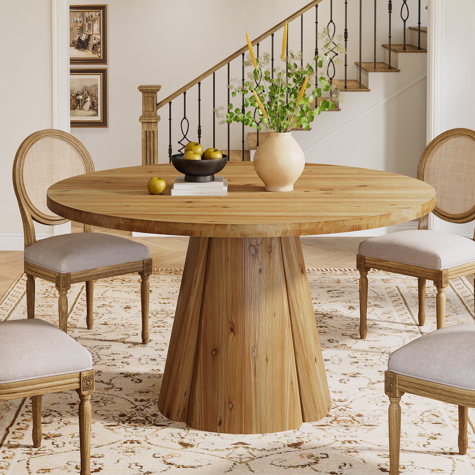 47.24" Solid Wood Dining Table, Round Kitchen Table with Pedestal Base for 4-6 - Image 3