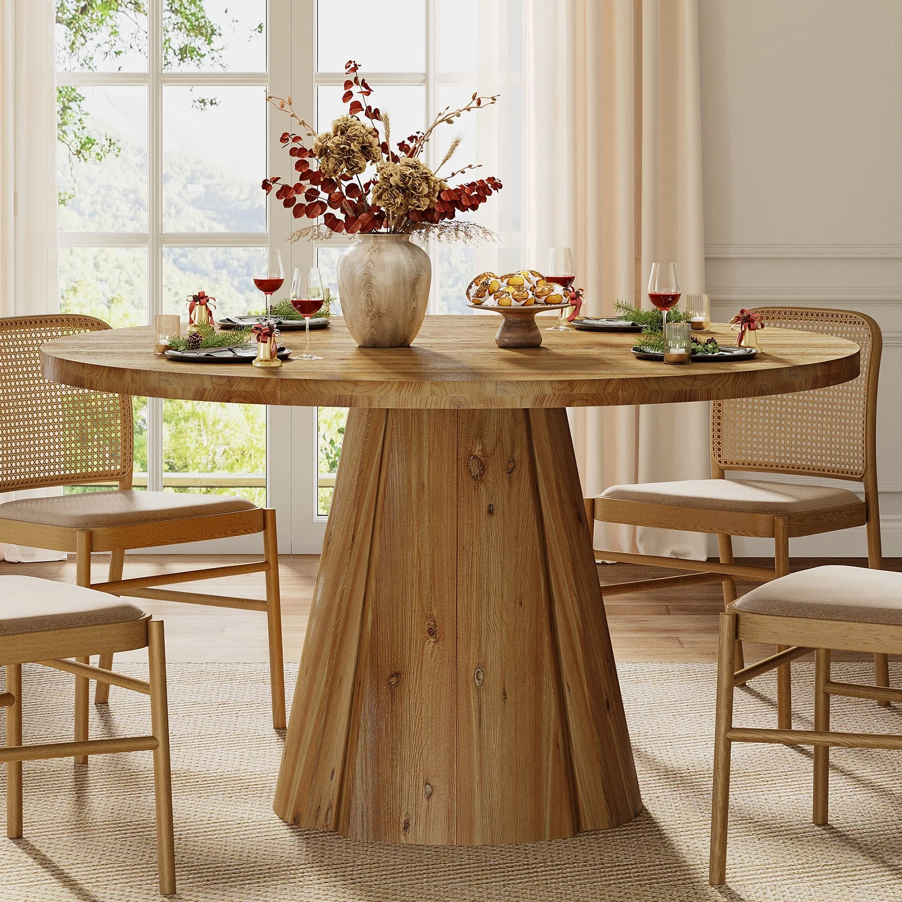 47.24" Solid Wood Dining Table, Round Kitchen Table with Pedestal Base for 4-6 - Image 5