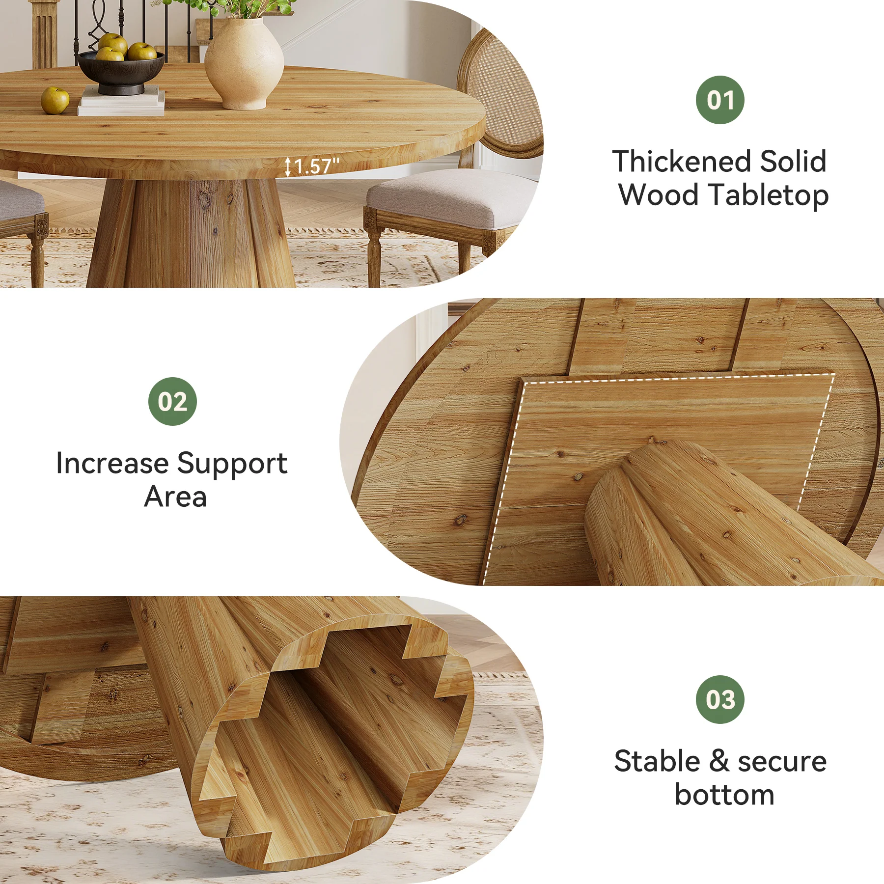 47.24" Solid Wood Dining Table, Round Kitchen Table with Pedestal Base for 4-6 - Image 7