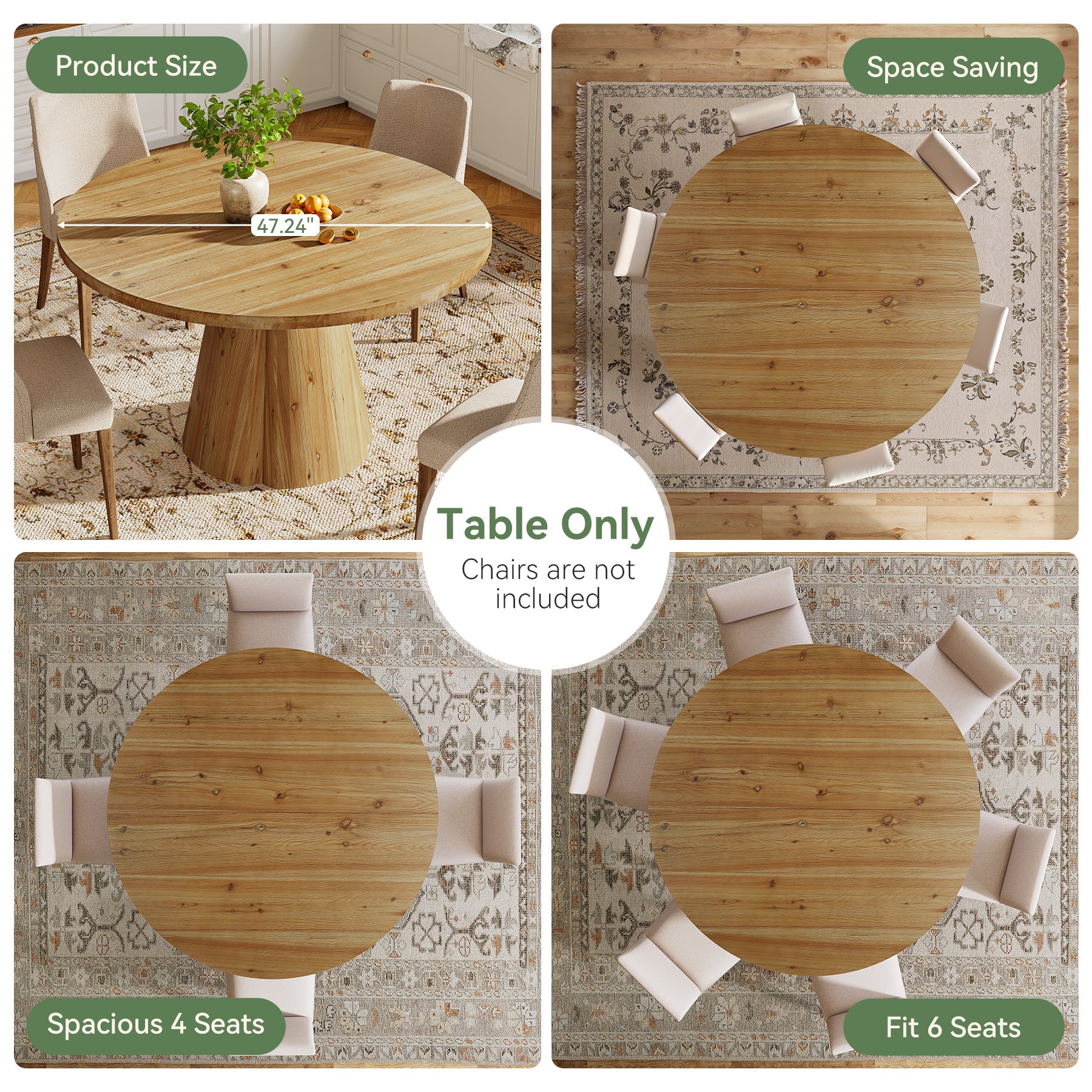 47.24" Solid Wood Dining Table, Round Kitchen Table with Pedestal Base for 4-6 - Image 8