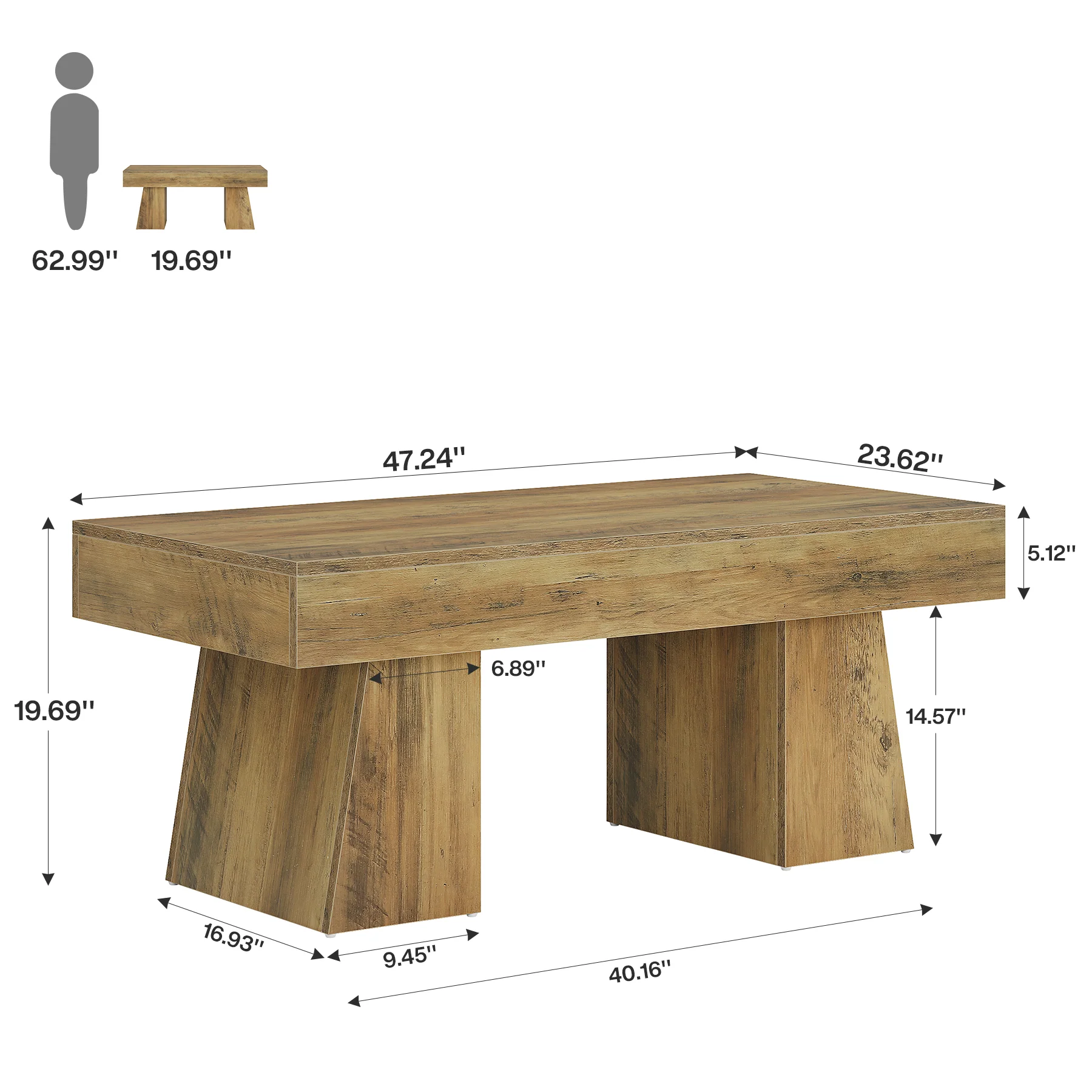 47.24" Wooden Low Coffee Table, Rustic Rectangular Center Table with Solid Base - Image 2