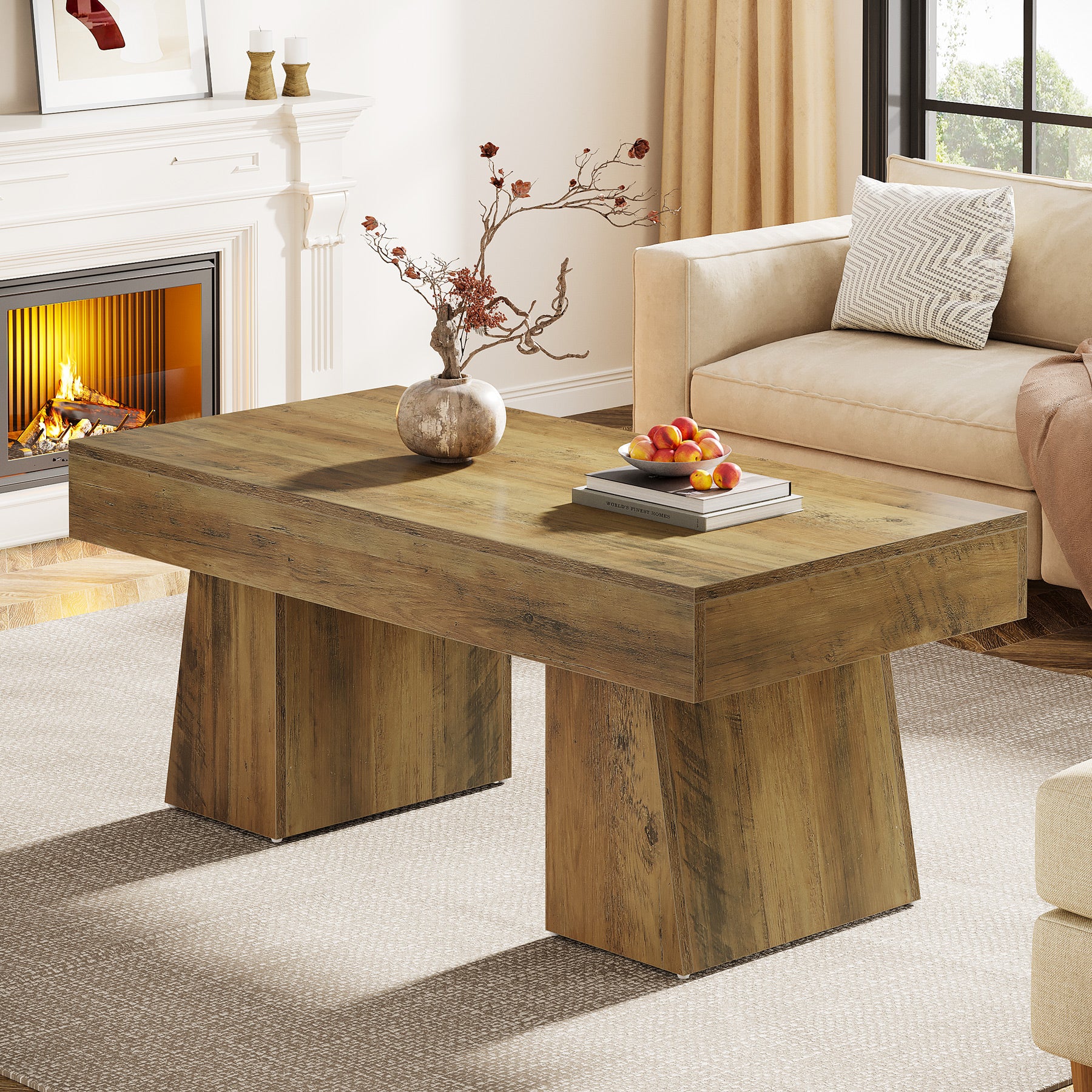 47.24" Wooden Low Coffee Table, Rustic Rectangular Center Table with Solid Base - Image 3