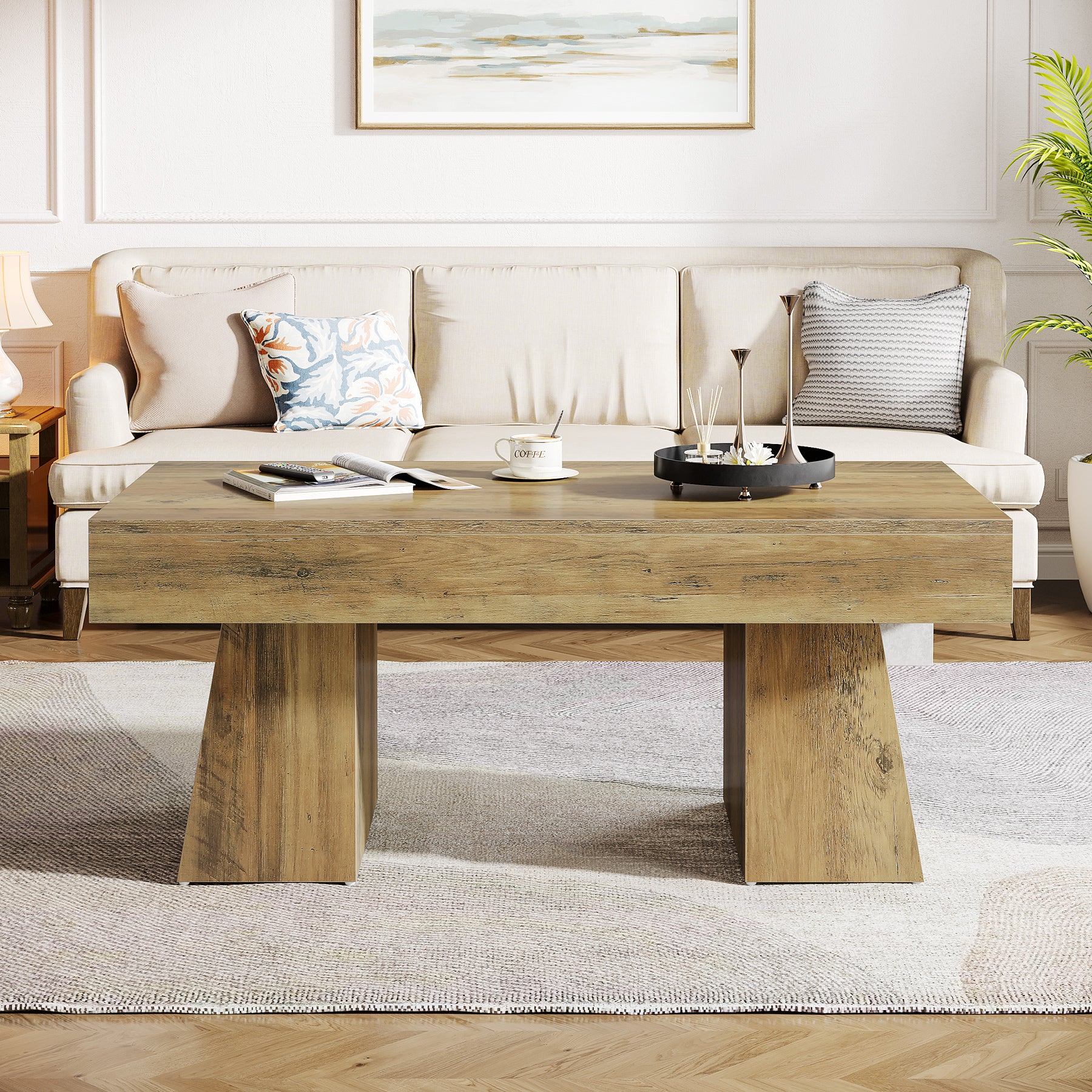 47.24" Wooden Low Coffee Table, Rustic Rectangular Center Table with Solid Base - Image 4