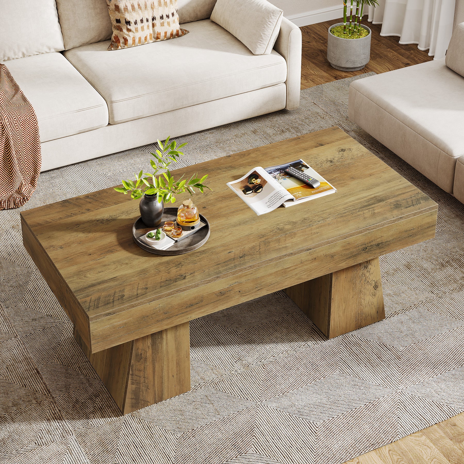 47.24" Wooden Low Coffee Table, Rustic Rectangular Center Table with Solid Base - Image 5