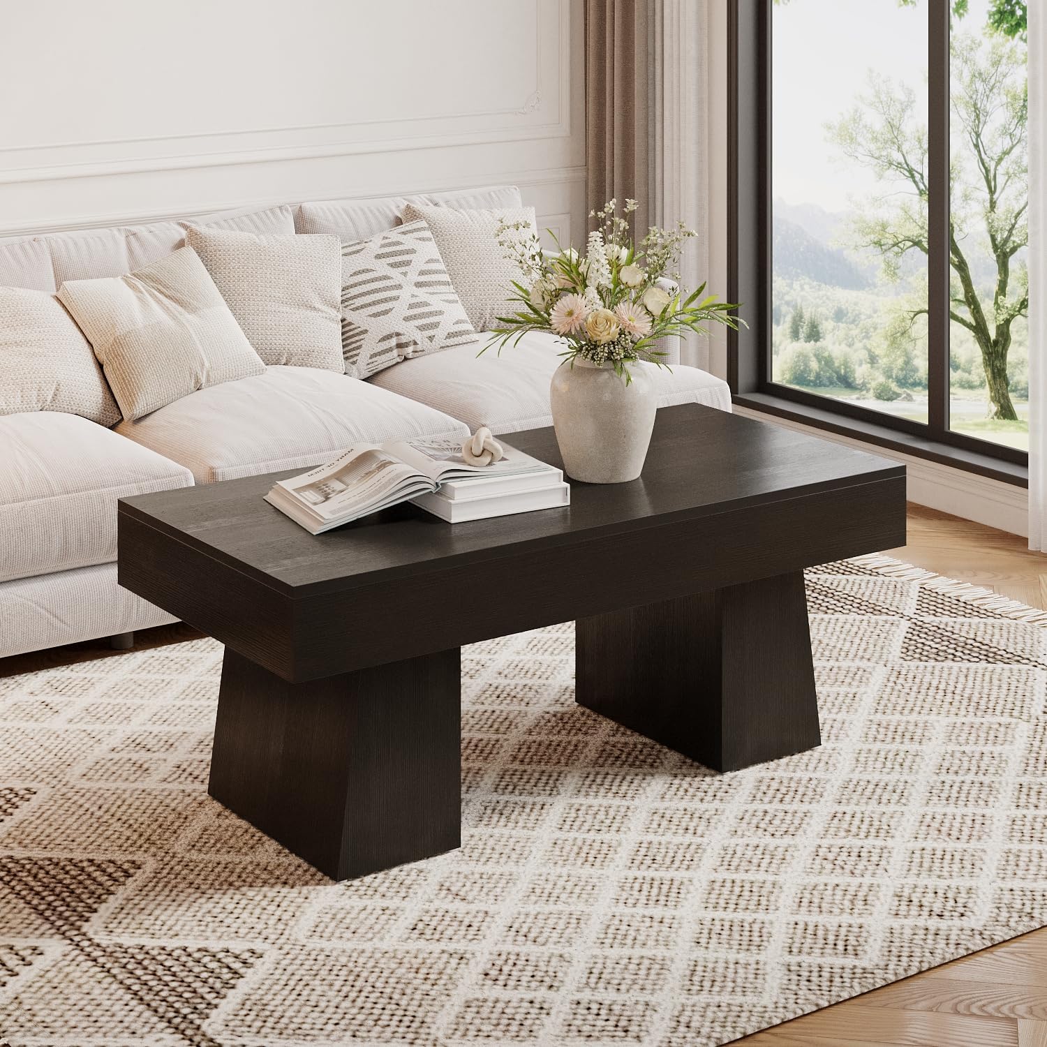 47.24" Wooden Low Coffee Table, Rustic Rectangular Center Table with Solid Base - Image 8