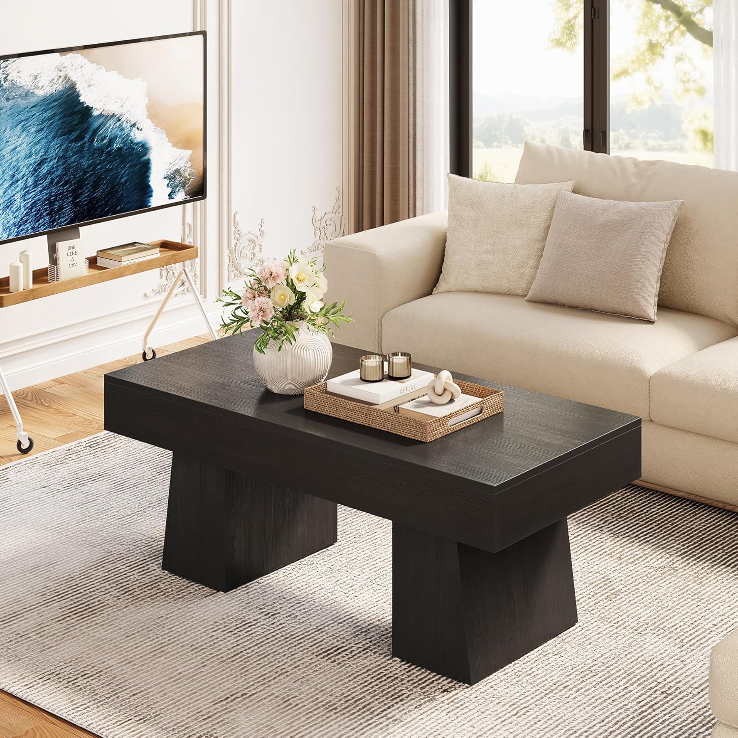47.24" Wooden Low Coffee Table, Rustic Rectangular Center Table with Solid Base - Image 9