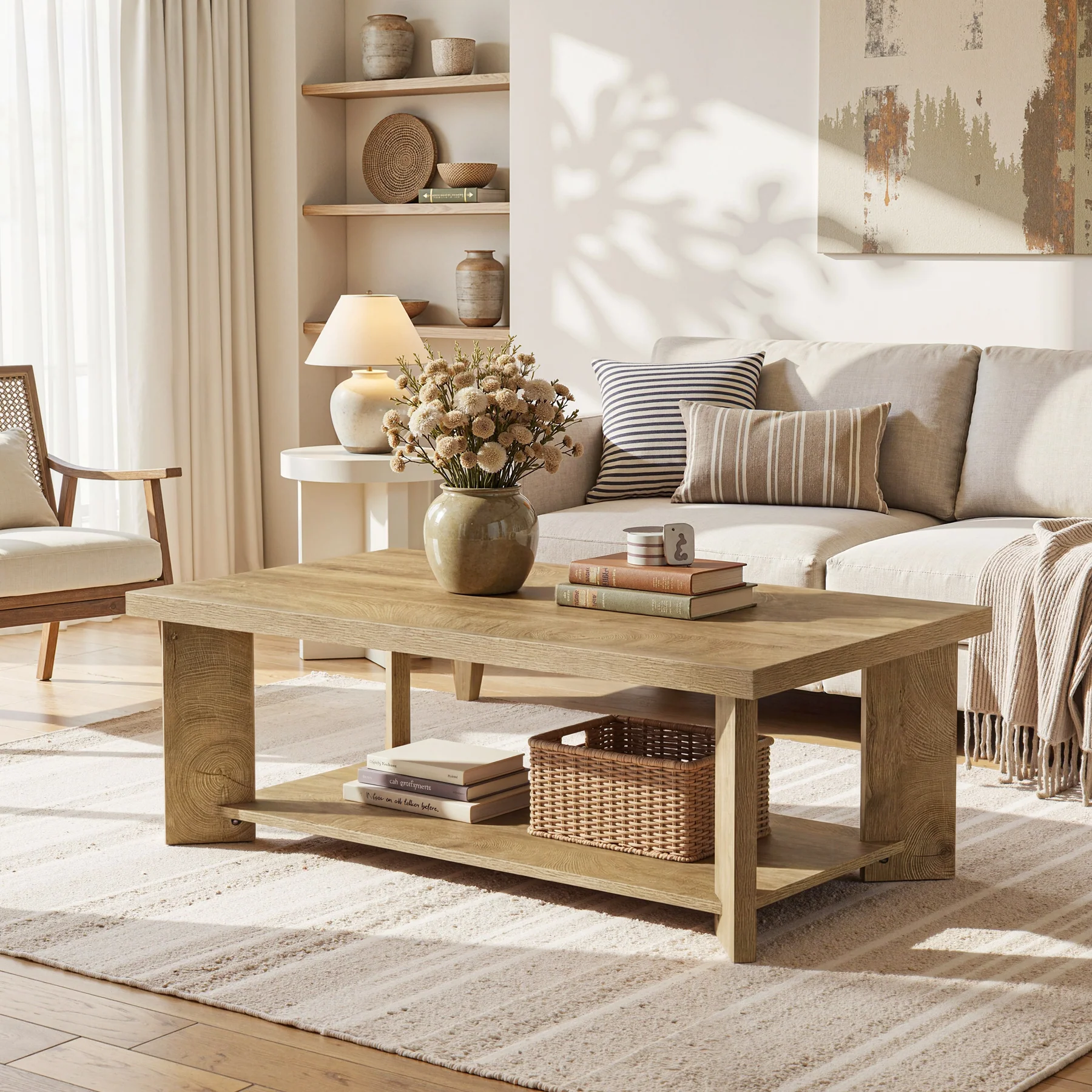 47" Coffee Tables, Farmhouse Rectangle Center Cocktail Table with Storage Shelves for Living Room - Image 3