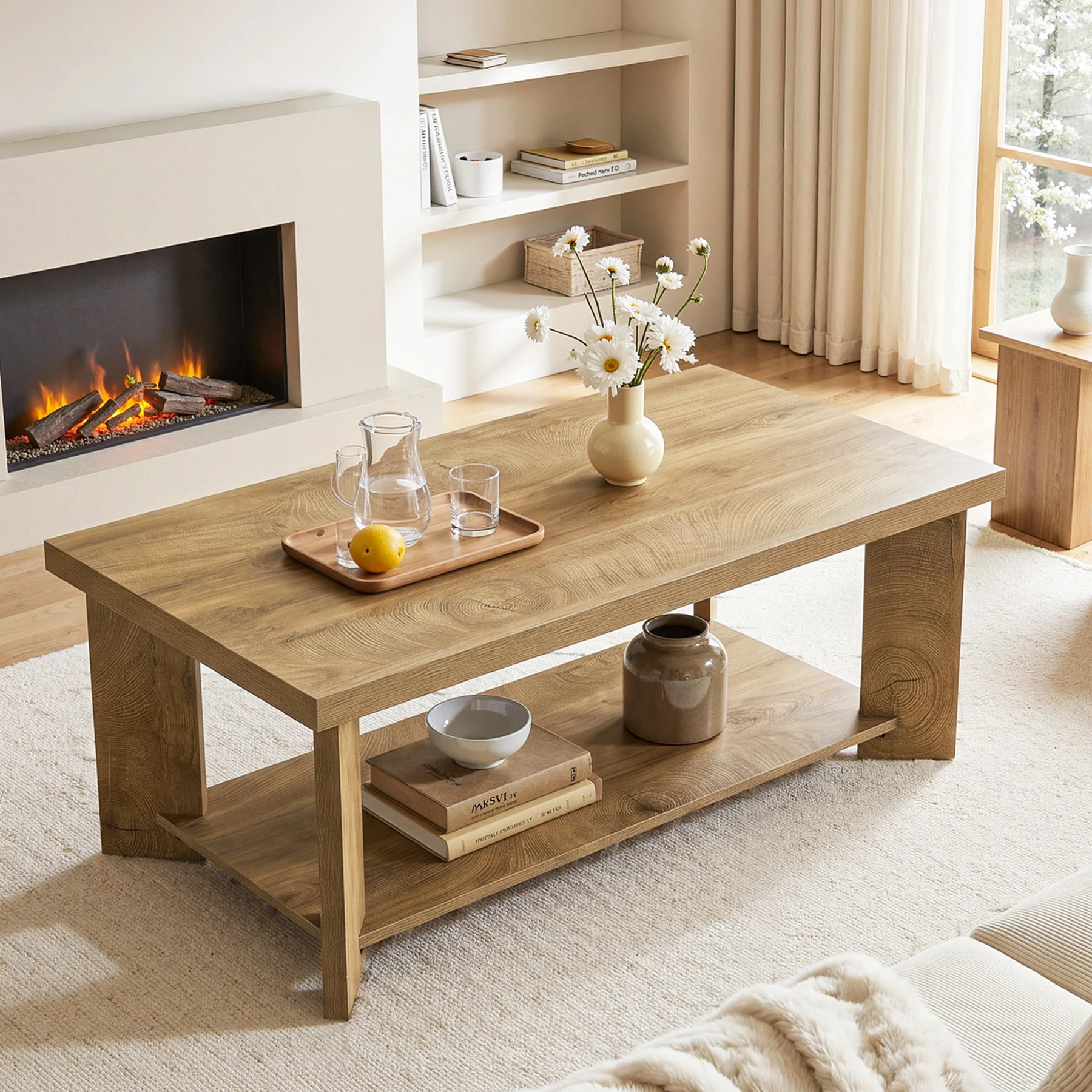 47" Coffee Tables, Farmhouse Rectangle Center Cocktail Table with Storage Shelves for Living Room - Image 5