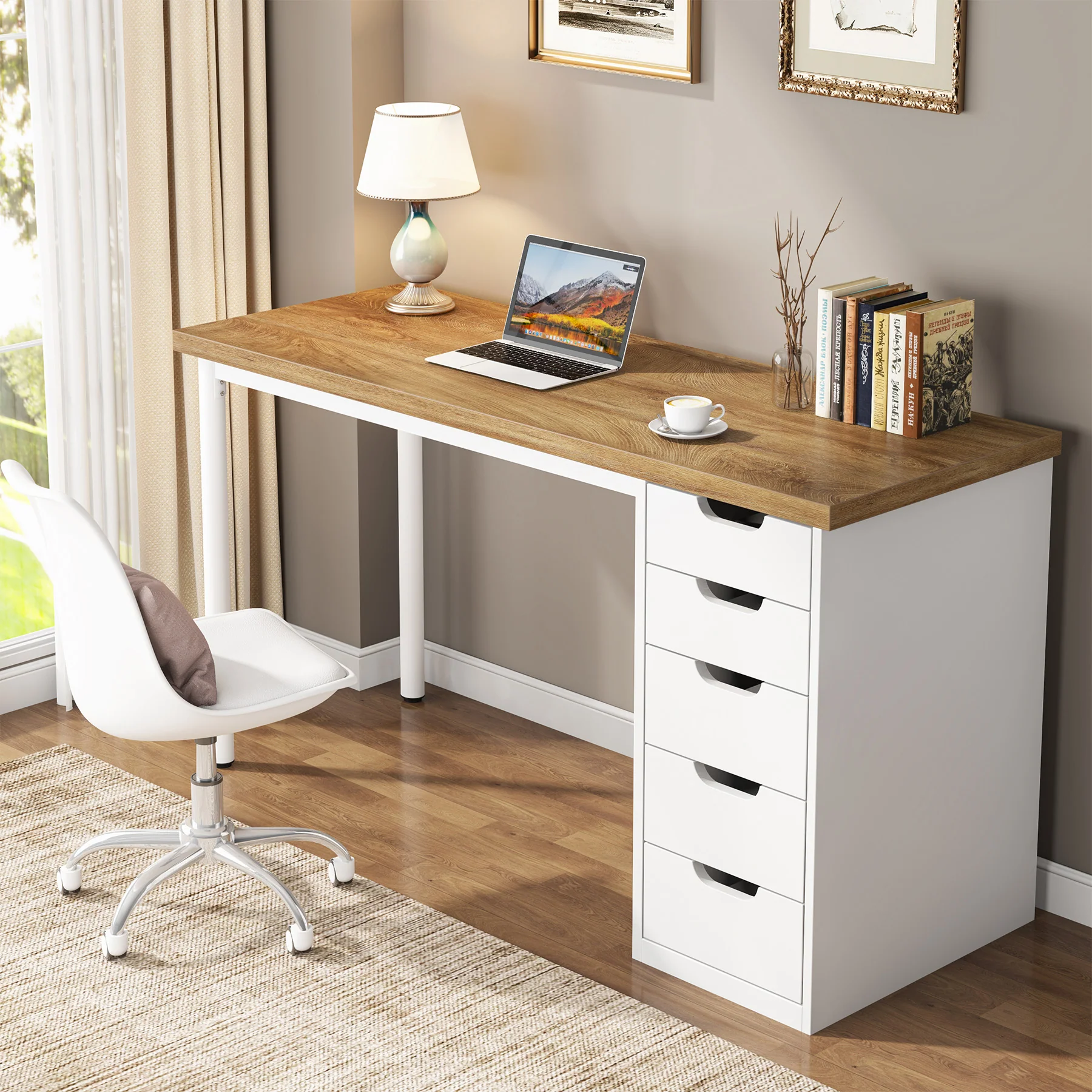 47" Computer Desk with 5 Drawers, Compact Storage Home Office Desk - Image 24