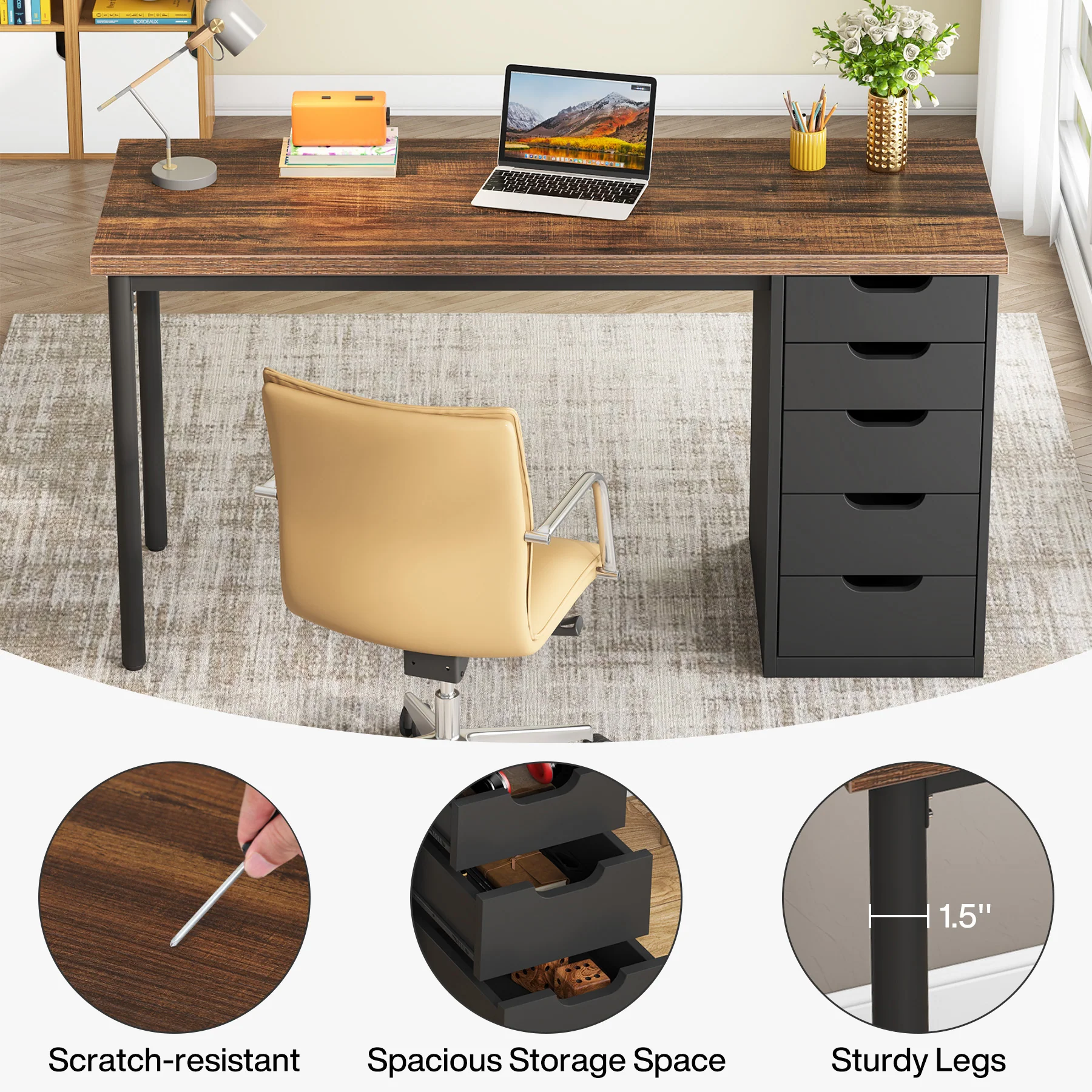 47" Computer Desk with 5 Drawers, Compact Storage Home Office Desk - Image 6