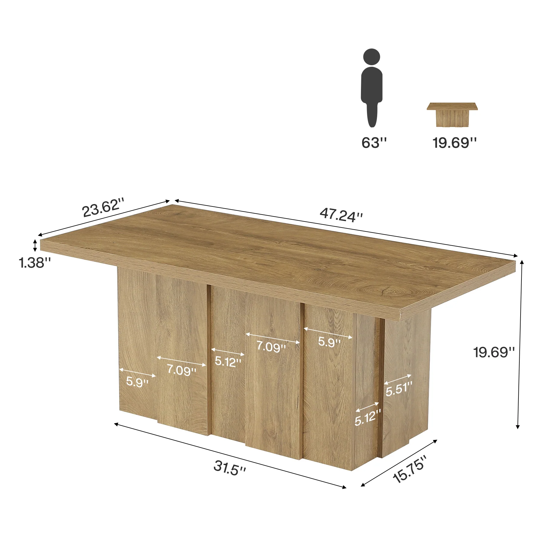 47" Farmhouse Coffee Table, Rectangular Tea Table with Fluted Base for Living Room - Image 2
