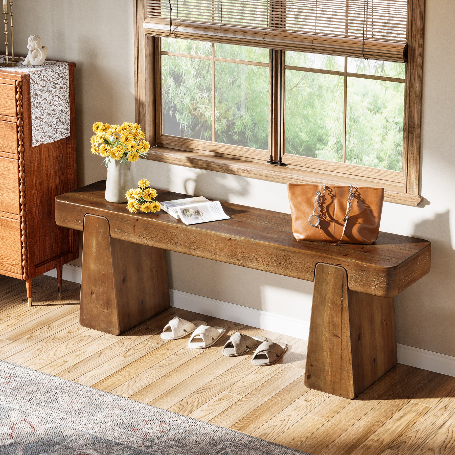 47" Solid Wood Entryway Bench, Farmhouse Shoe Bench with Thickened Legs - Image 4