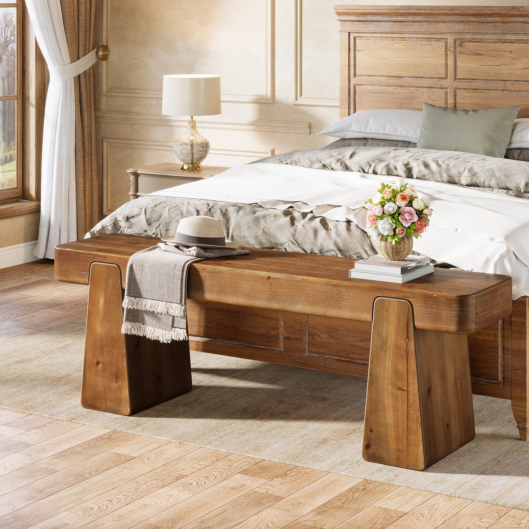 47" Solid Wood Entryway Bench, Farmhouse Shoe Bench with Thickened Legs - Image 5