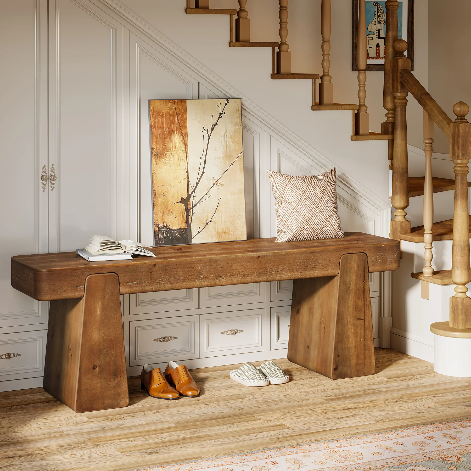 47" Solid Wood Entryway Bench, Farmhouse Shoe Bench with Thickened Legs - Image 6