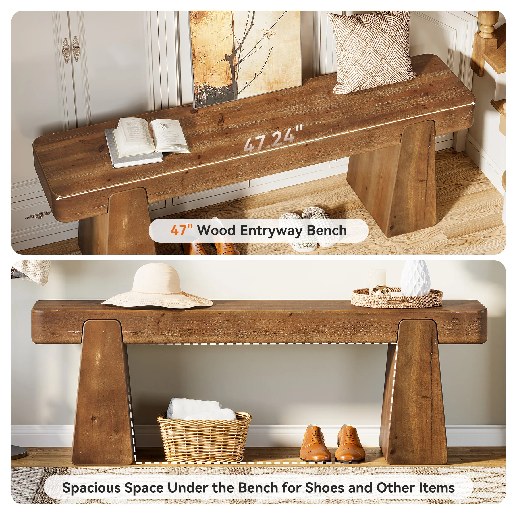 47" Solid Wood Entryway Bench, Farmhouse Shoe Bench with Thickened Legs - Image 7