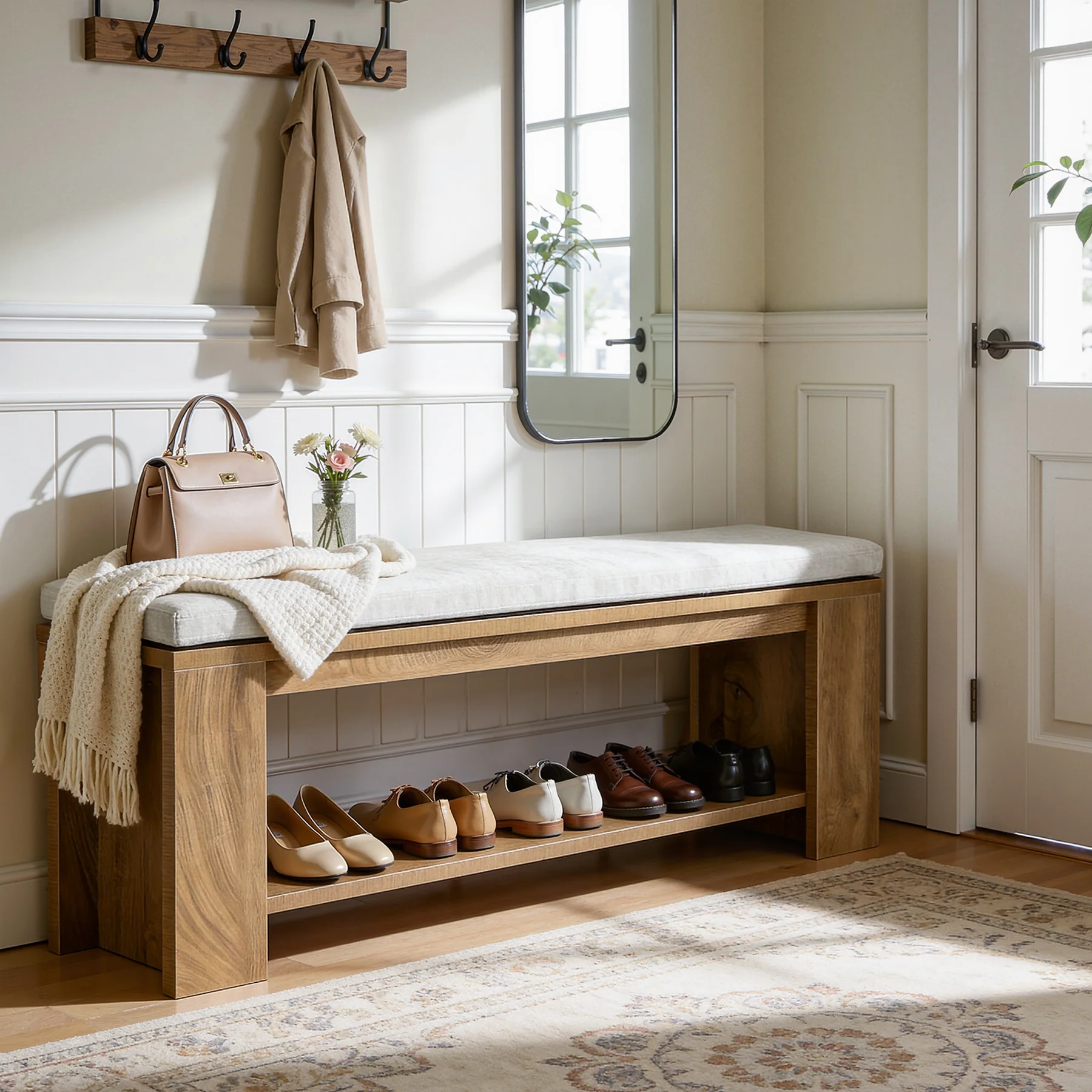 47" Upholstered Entryway Bench, Indoor End of Bed Bench with Padded Seat