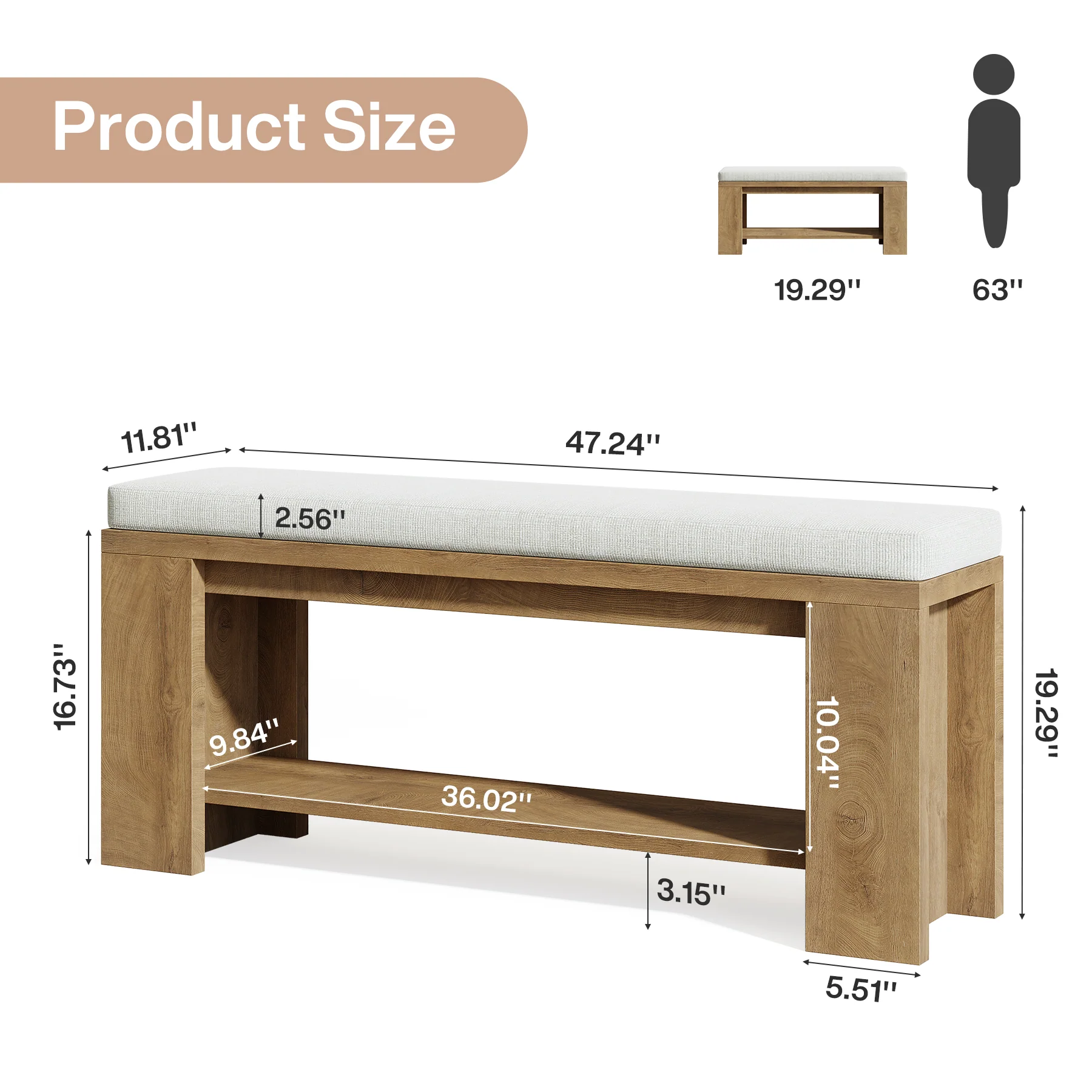 47" Upholstered Entryway Bench, Indoor End of Bed Bench with Padded Seat - Image 2