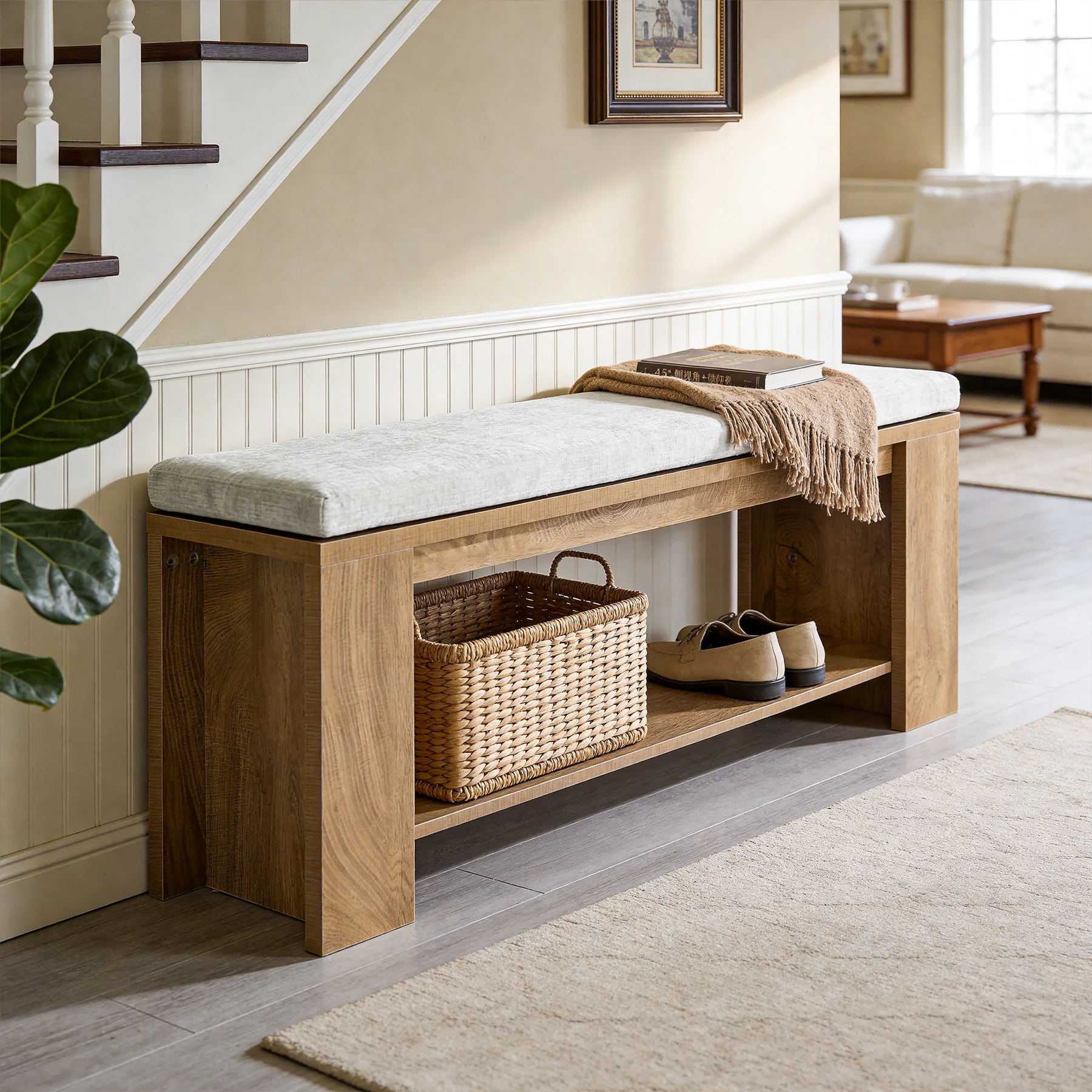 47" Upholstered Entryway Bench, Indoor End of Bed Bench with Padded Seat - Image 3