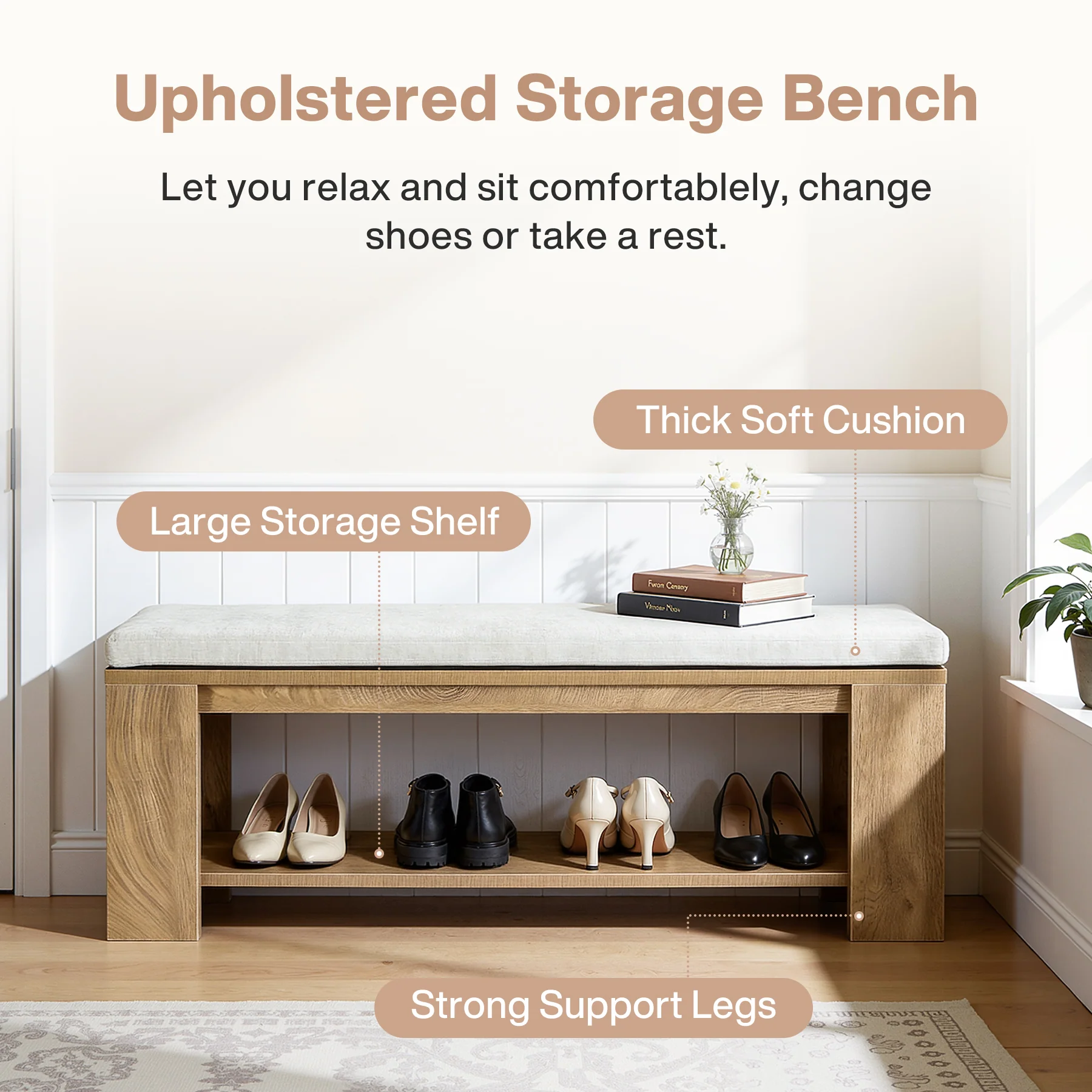 47" Upholstered Entryway Bench, Indoor End of Bed Bench with Padded Seat - Image 6