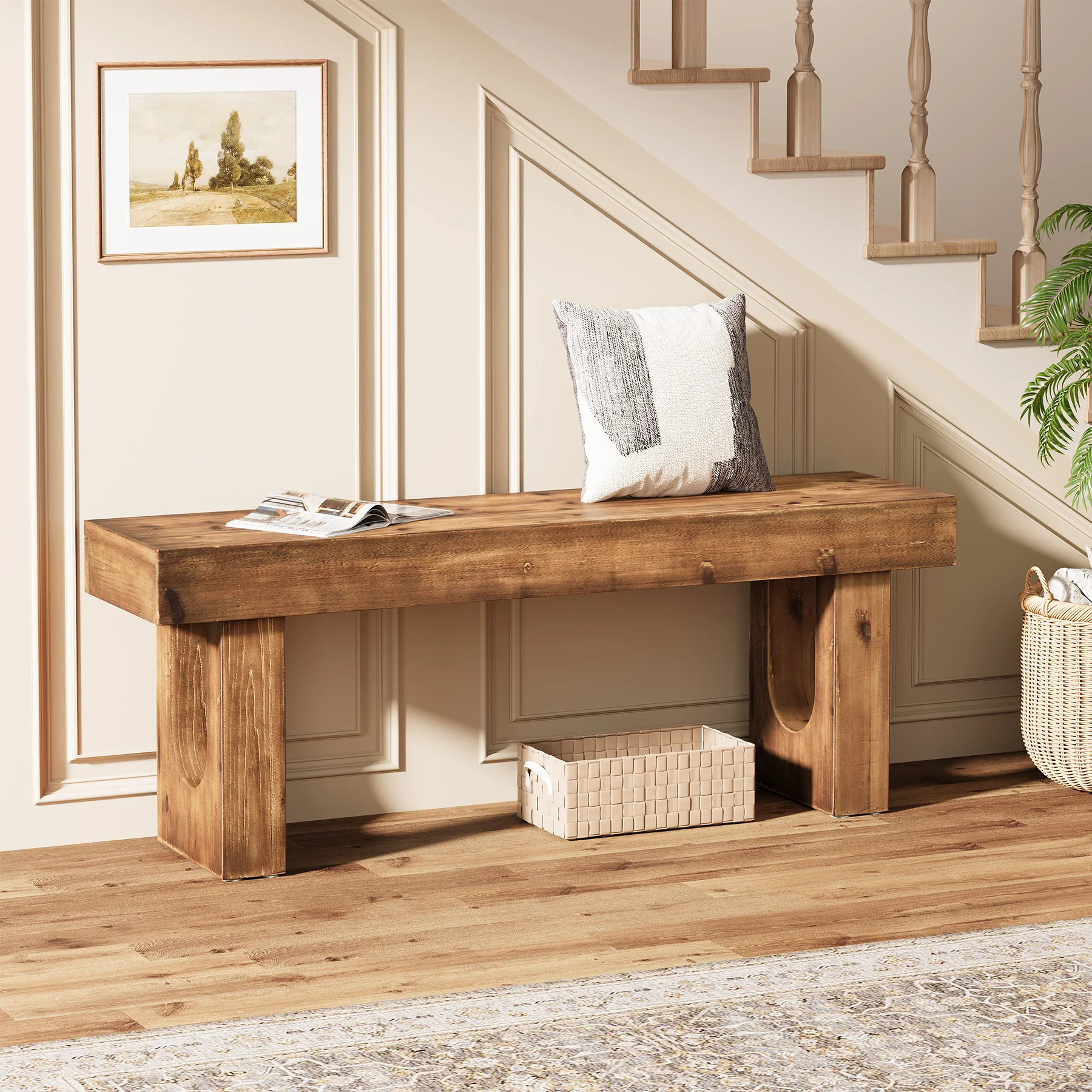 Wood Shoe Bench, 47" Narrow Entryway Bench End of Bed Bench - Image 3