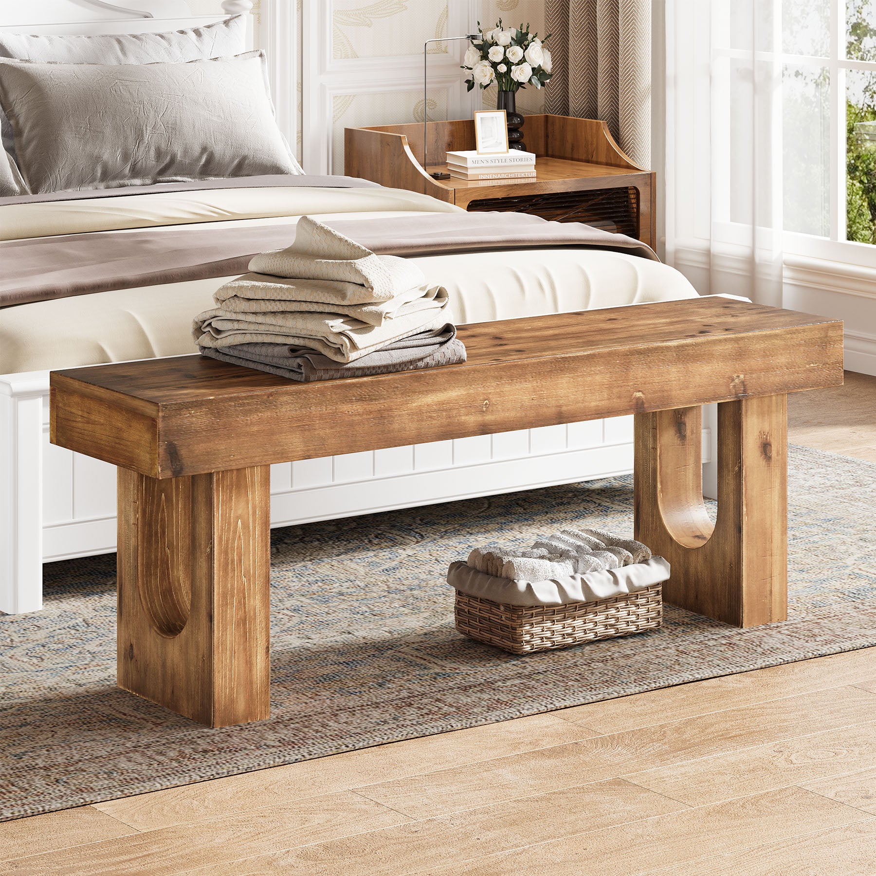 Wood Shoe Bench, 47" Narrow Entryway Bench End of Bed Bench - Image 4