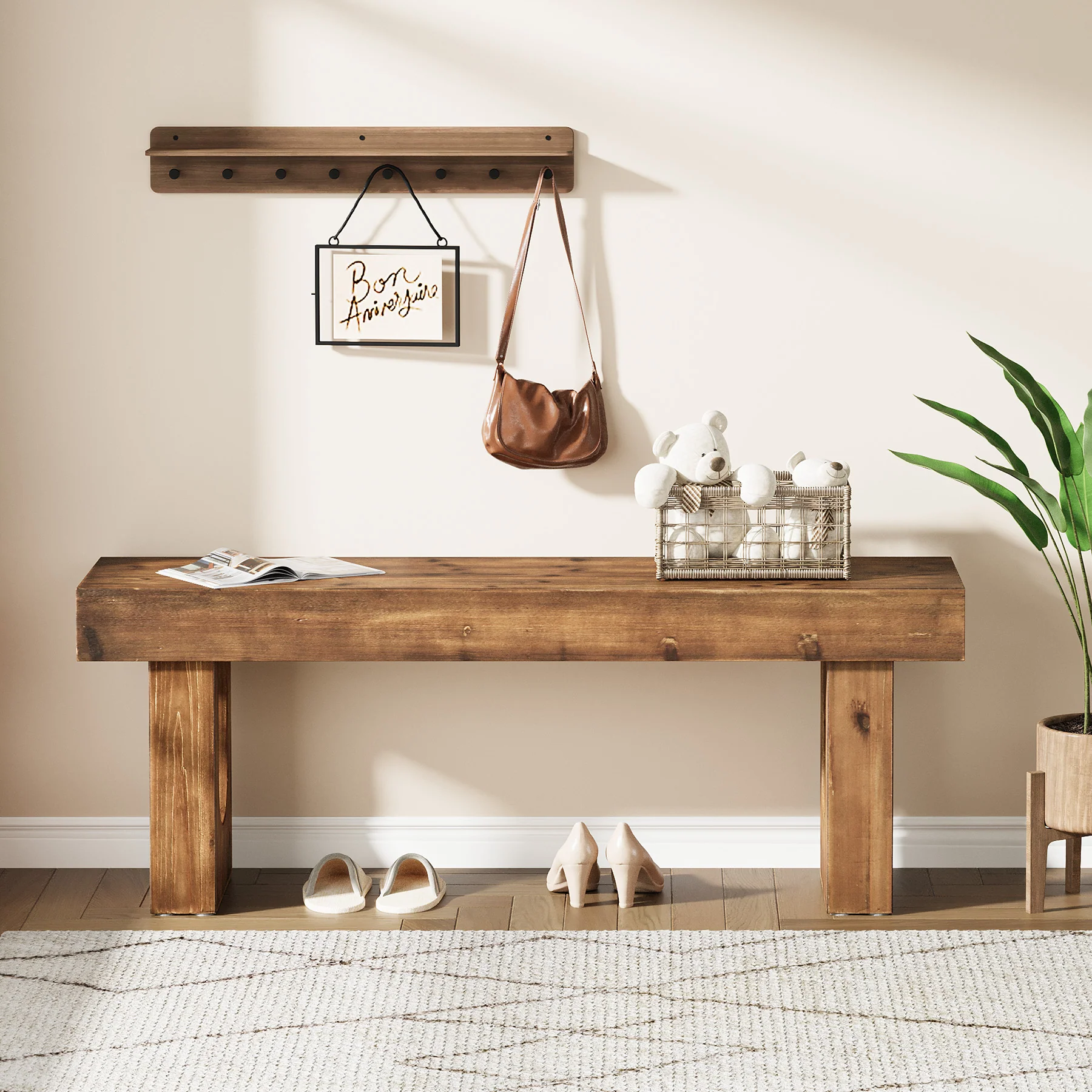 Wood Shoe Bench, 47" Narrow Entryway Bench End of Bed Bench - Image 7