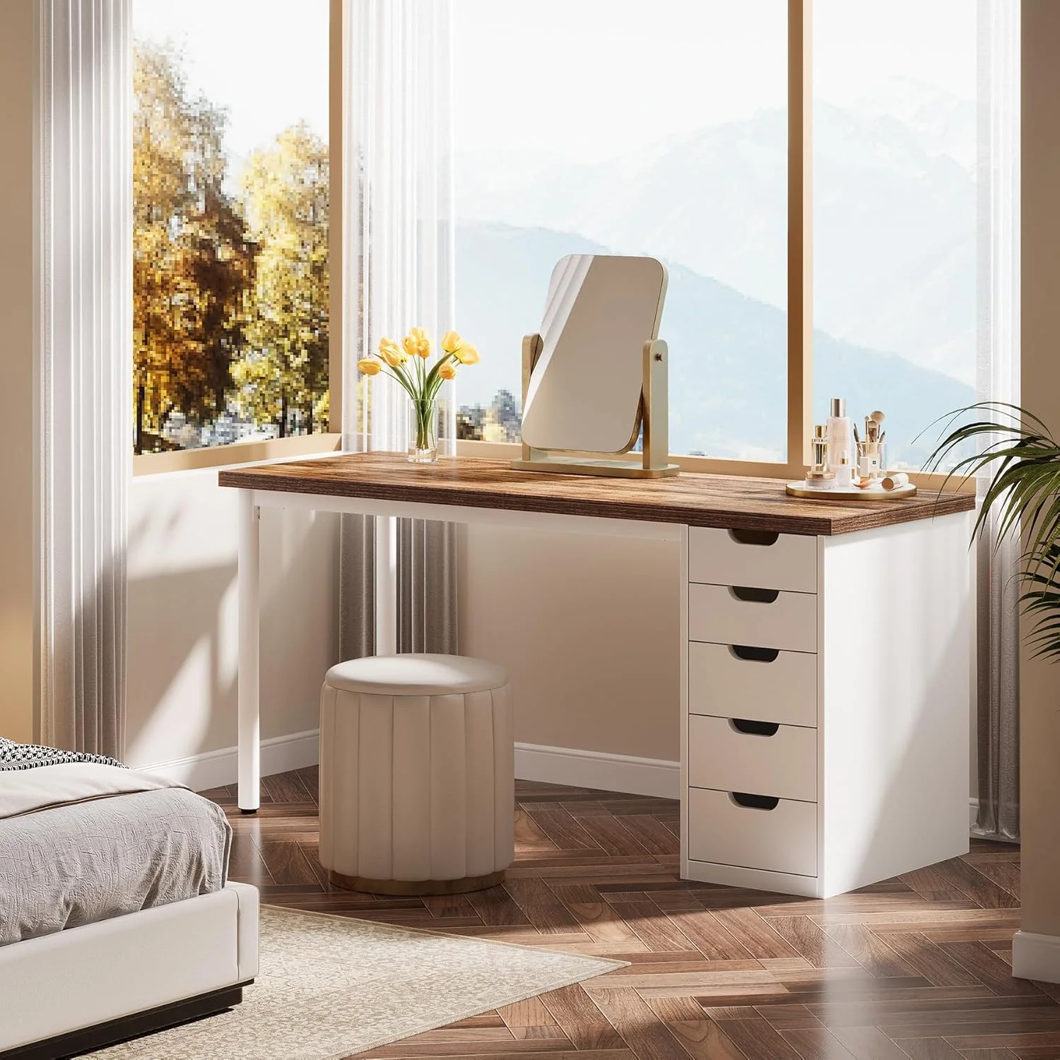 Modern Computer Desk, 47" Study Writing Table with 5 Reversible Drawers for Home Office - Image 5