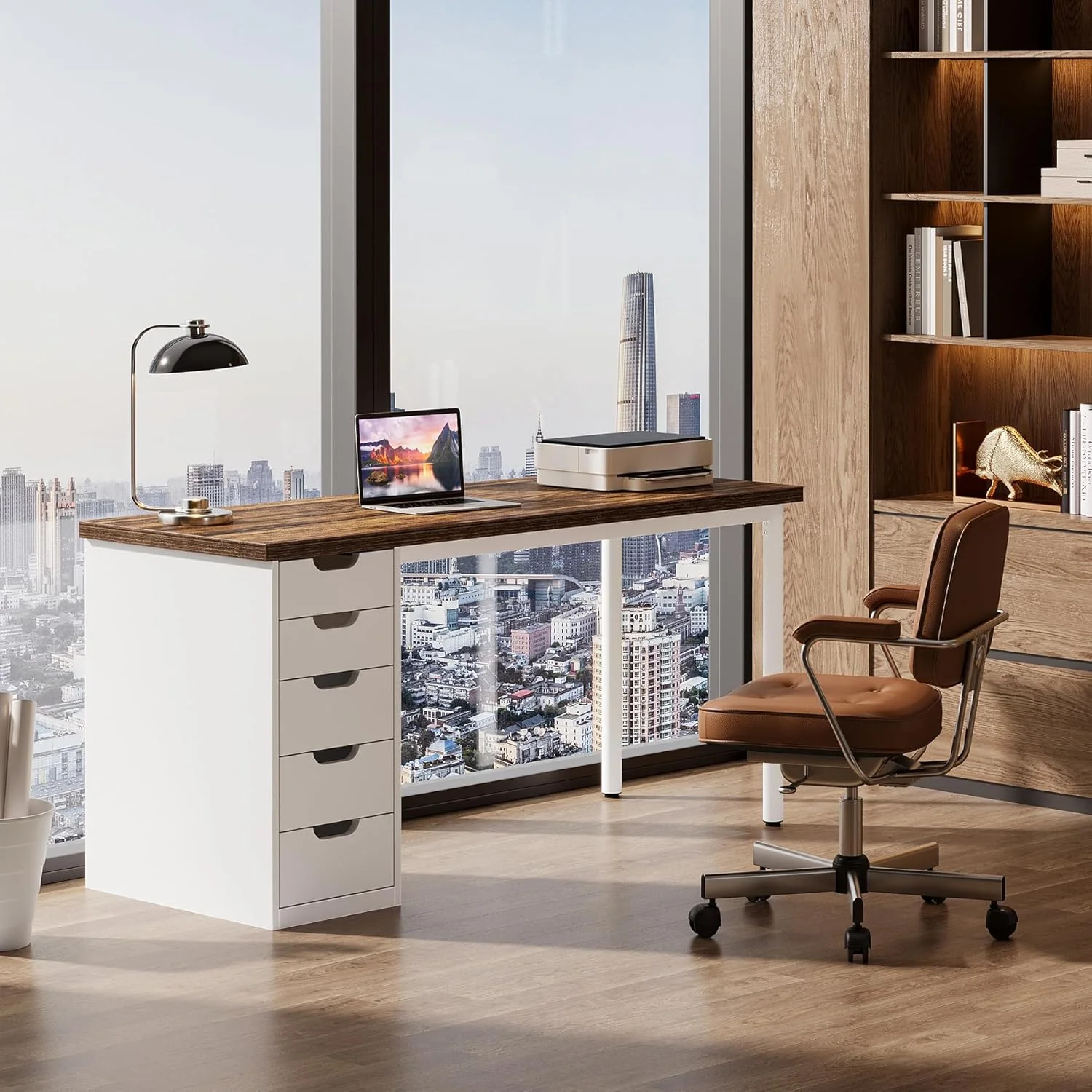 Modern Computer Desk, 47" Study Writing Table with 5 Reversible Drawers for Home Office - Image 6