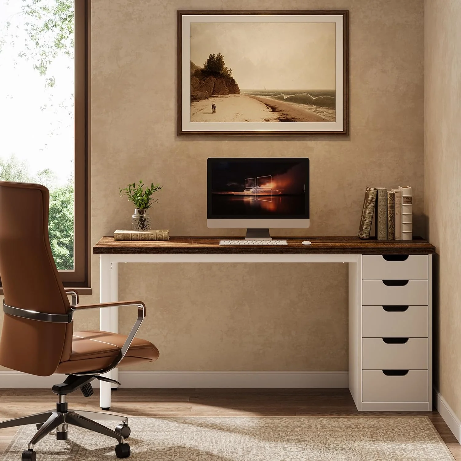 Modern Computer Desk, 47" Study Writing Table with 5 Reversible Drawers for Home Office - Image 8