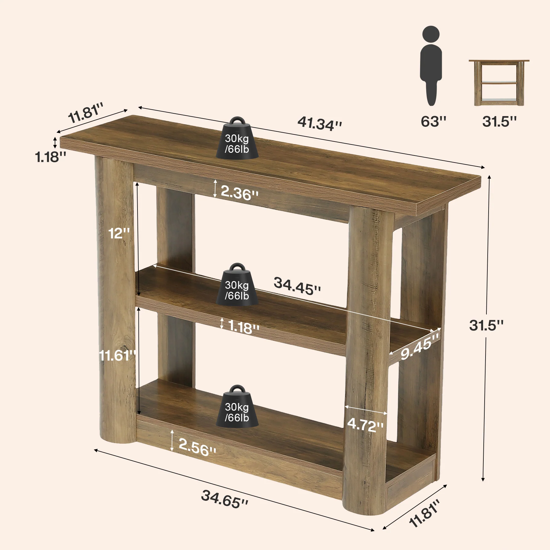 47" Narrow Console Table with Shelves, 3-Tier Entryway Sofa Table with Thick Frame for Hallway & Living Room - Image 2