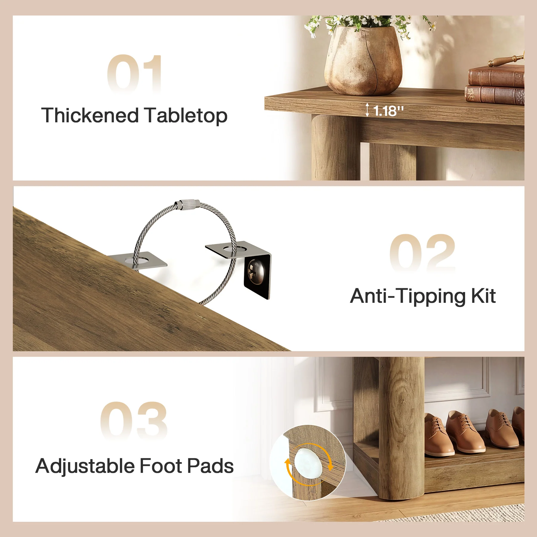 47" Narrow Console Table with Shelves, 3-Tier Entryway Sofa Table with Thick Frame for Hallway & Living Room - Image 7