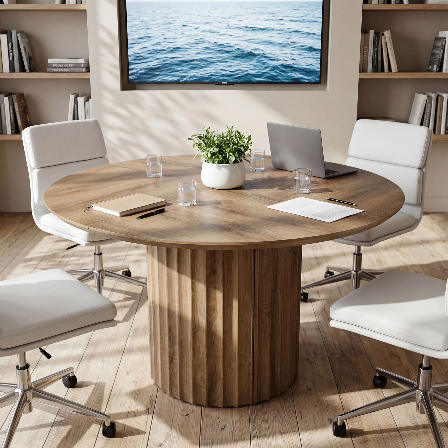 47" Round Conference Table for 4-6, Modern Rustic Meeting Table with Sturdy Base - Image 3