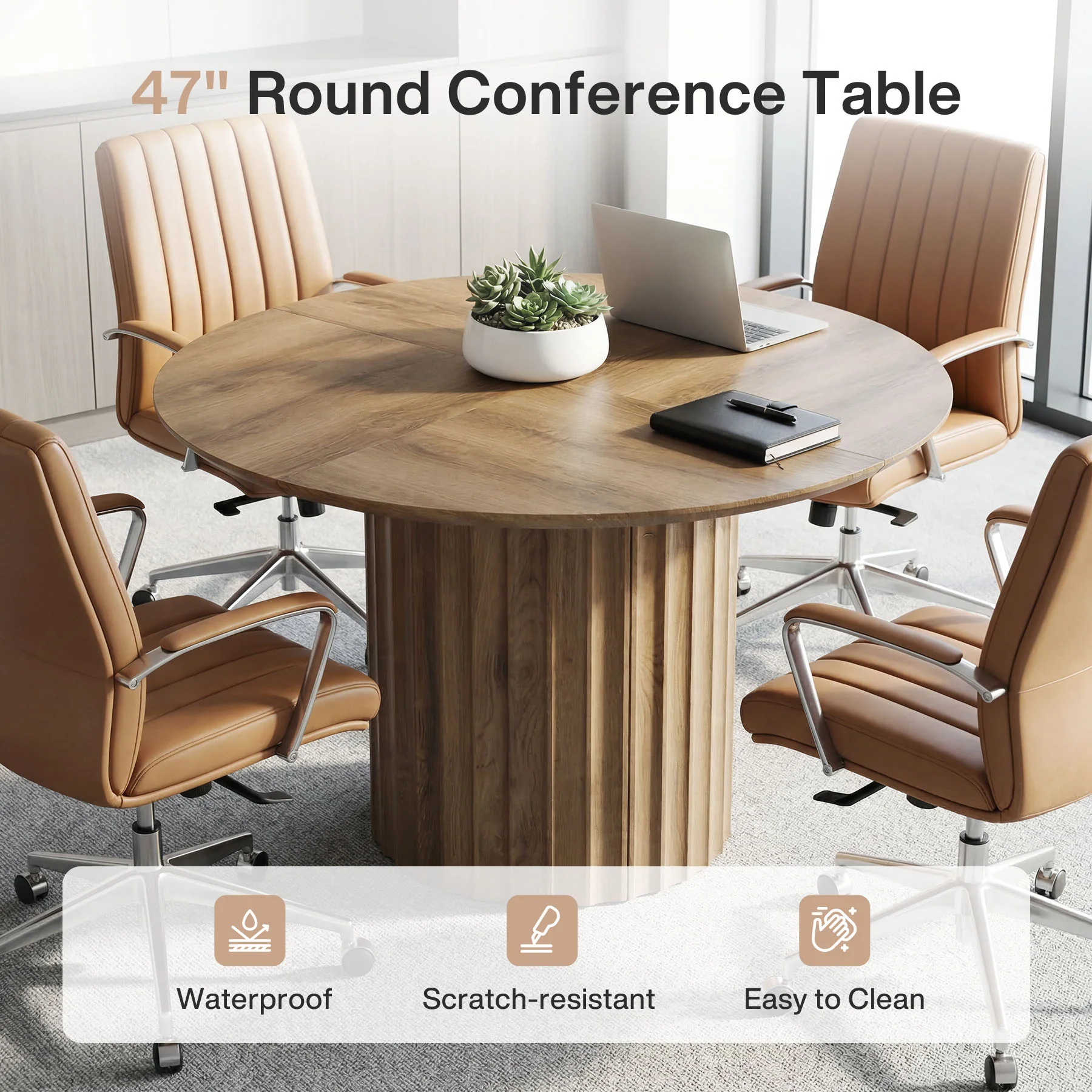 47" Round Conference Table for 4-6, Modern Rustic Meeting Table with Sturdy Base - Image 5