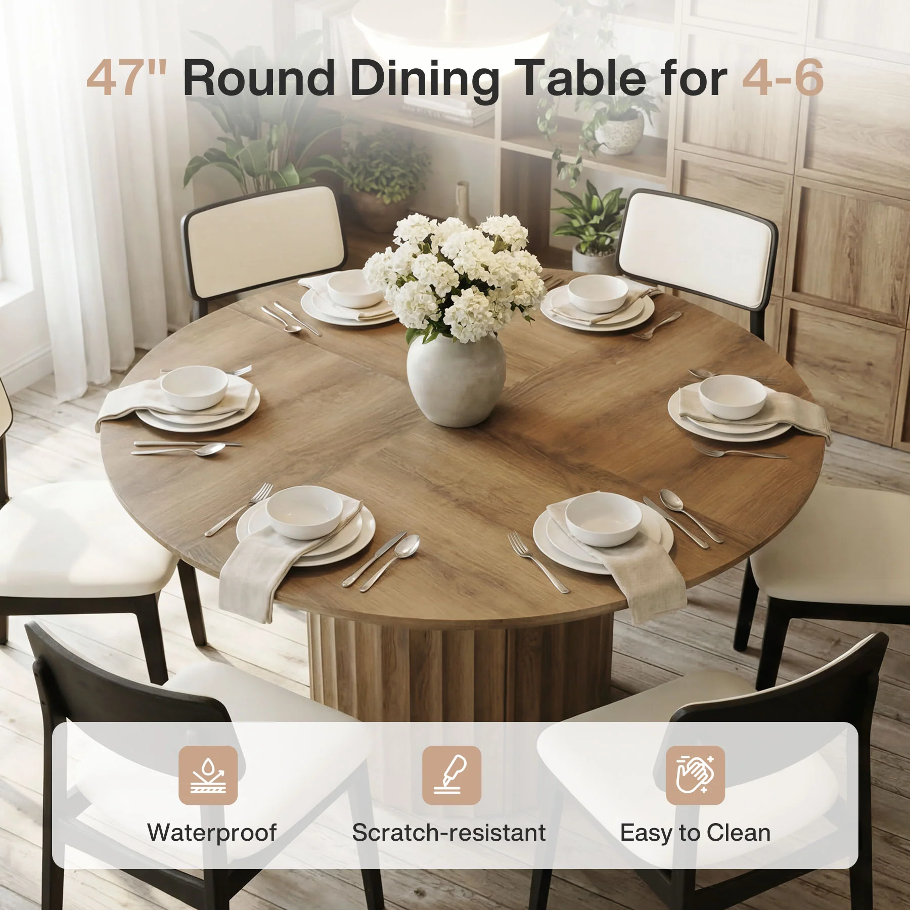 47" Round Dining Table for 4-6, Modern Kitchen Table with Fluted Pedestal Base for Dining Room - Image 5