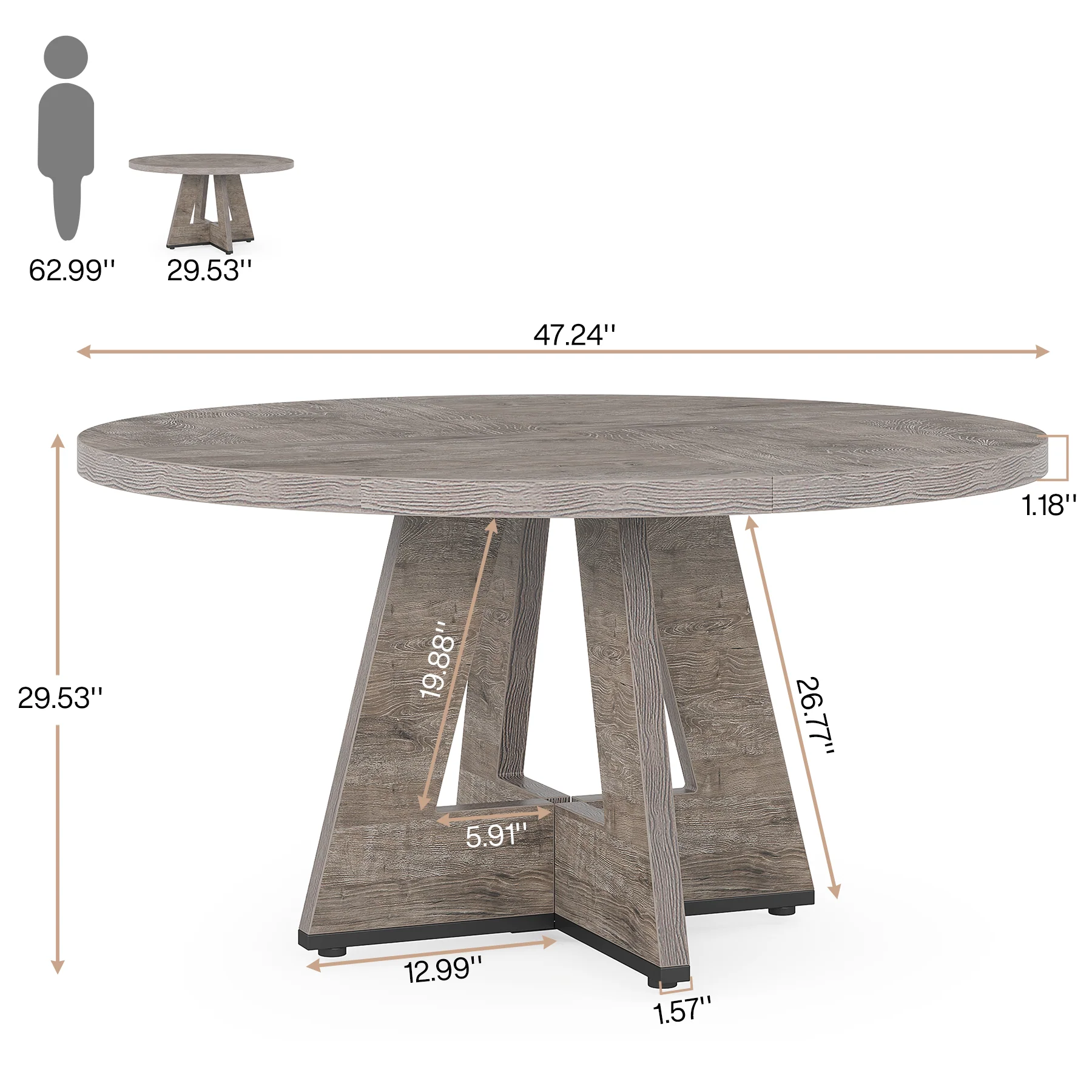 47" Round Farmhouse Dining Table for 4 People, Rustic Dining Room Table - Image 10