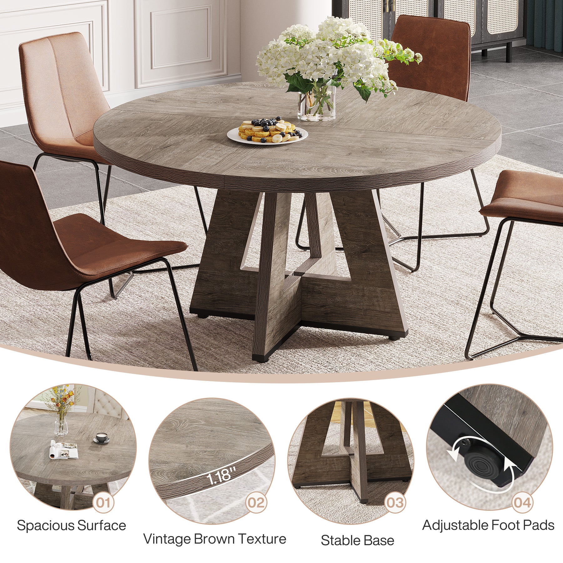 47" Round Farmhouse Dining Table for 4 People, Rustic Dining Room Table - Image 17