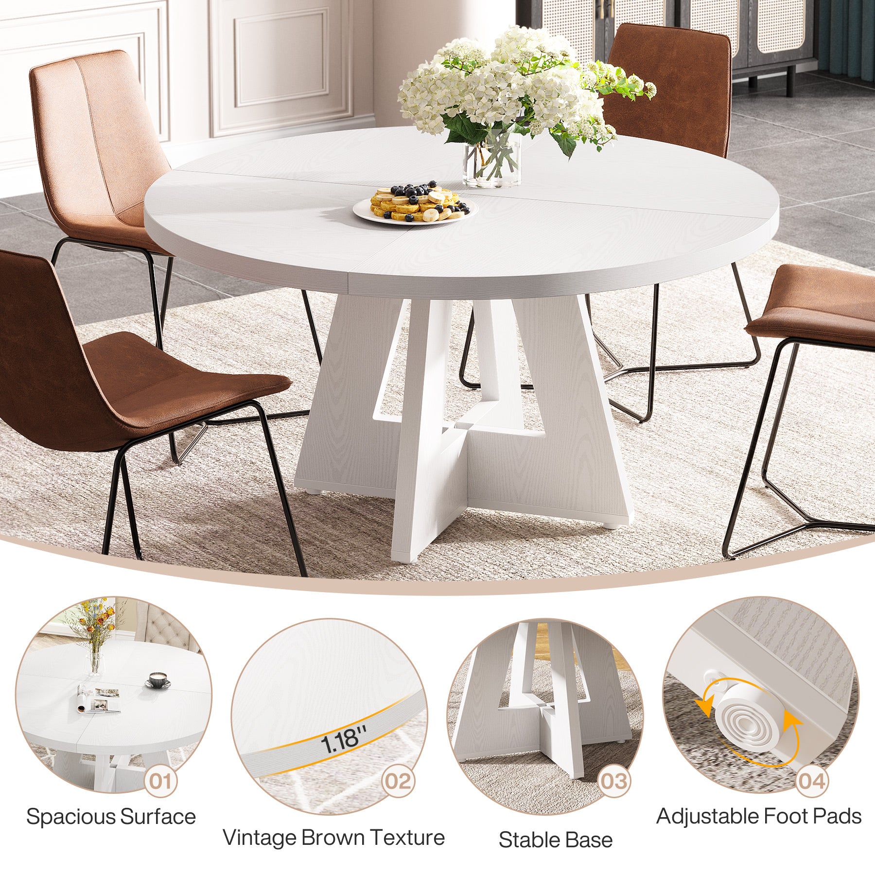 47" Round Farmhouse Dining Table for 4 People, Rustic Dining Room Table - Image 30