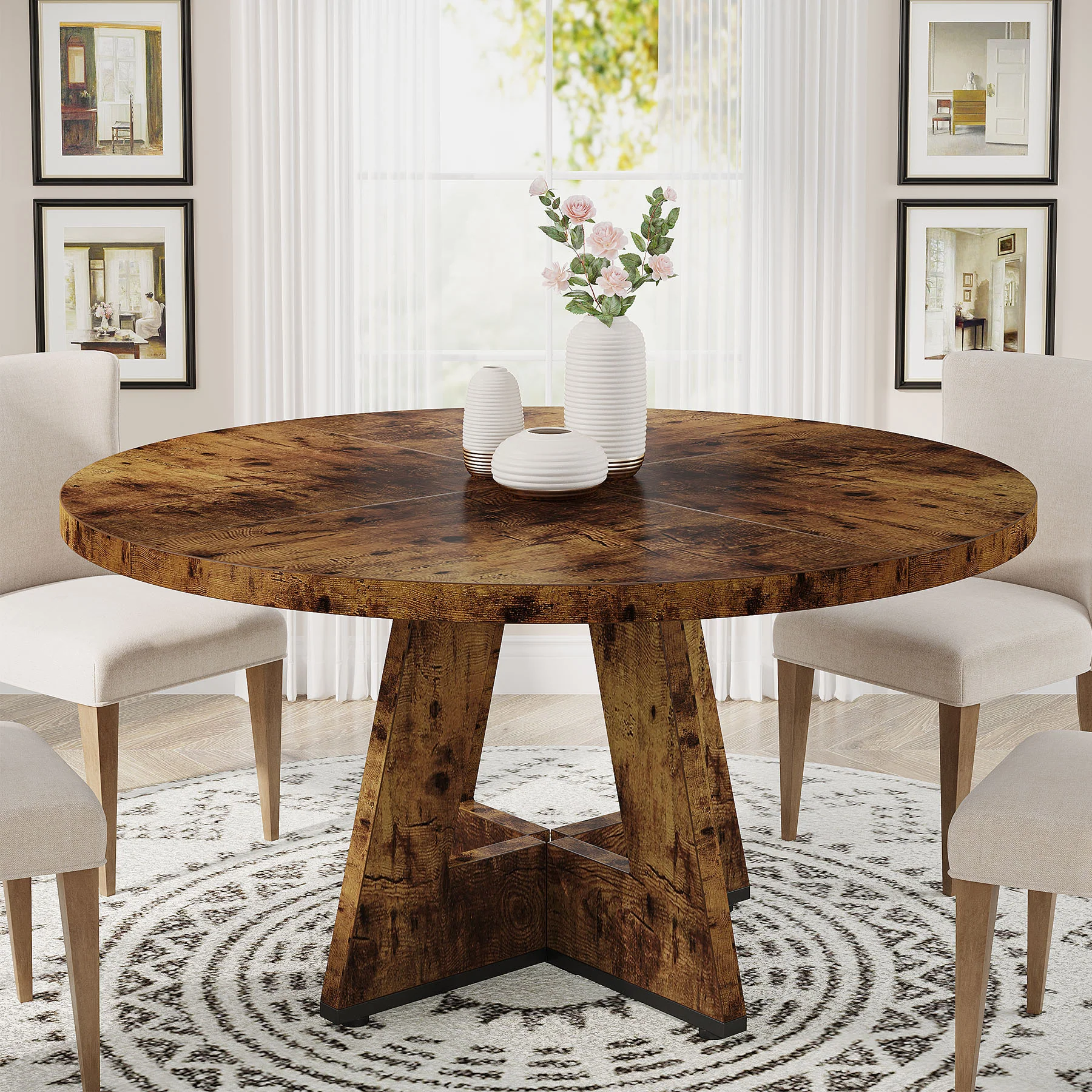 47" Round Farmhouse Dining Table for 4 People, Rustic Dining Room Table - Image 32