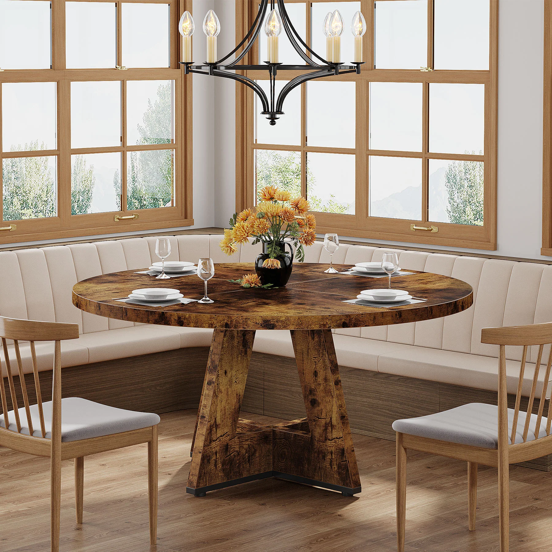 47" Round Farmhouse Dining Table for 4 People, Rustic Dining Room Table - Image 35