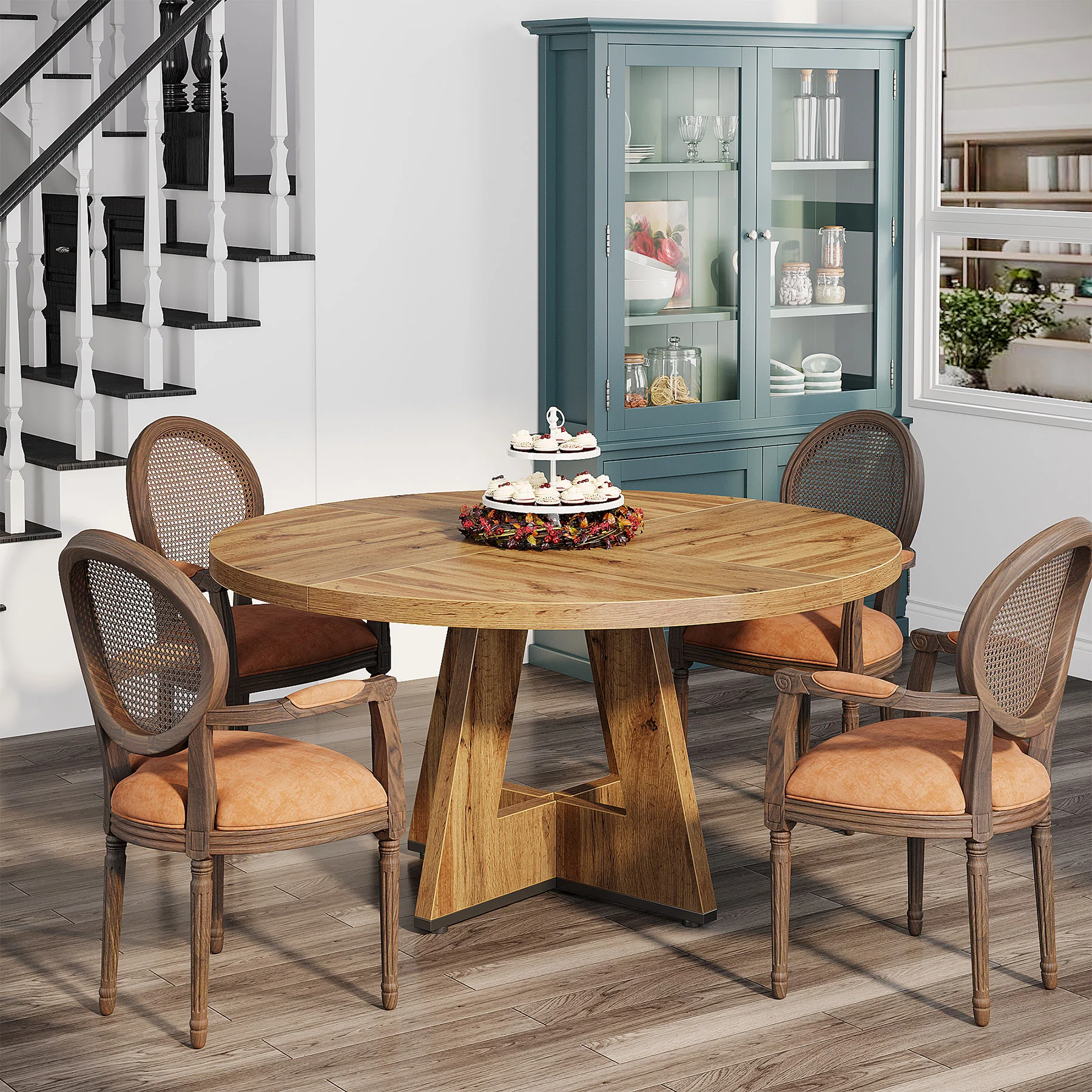 47" Round Farmhouse Dining Table for 4 People, Rustic Dining Room Table - Image 4