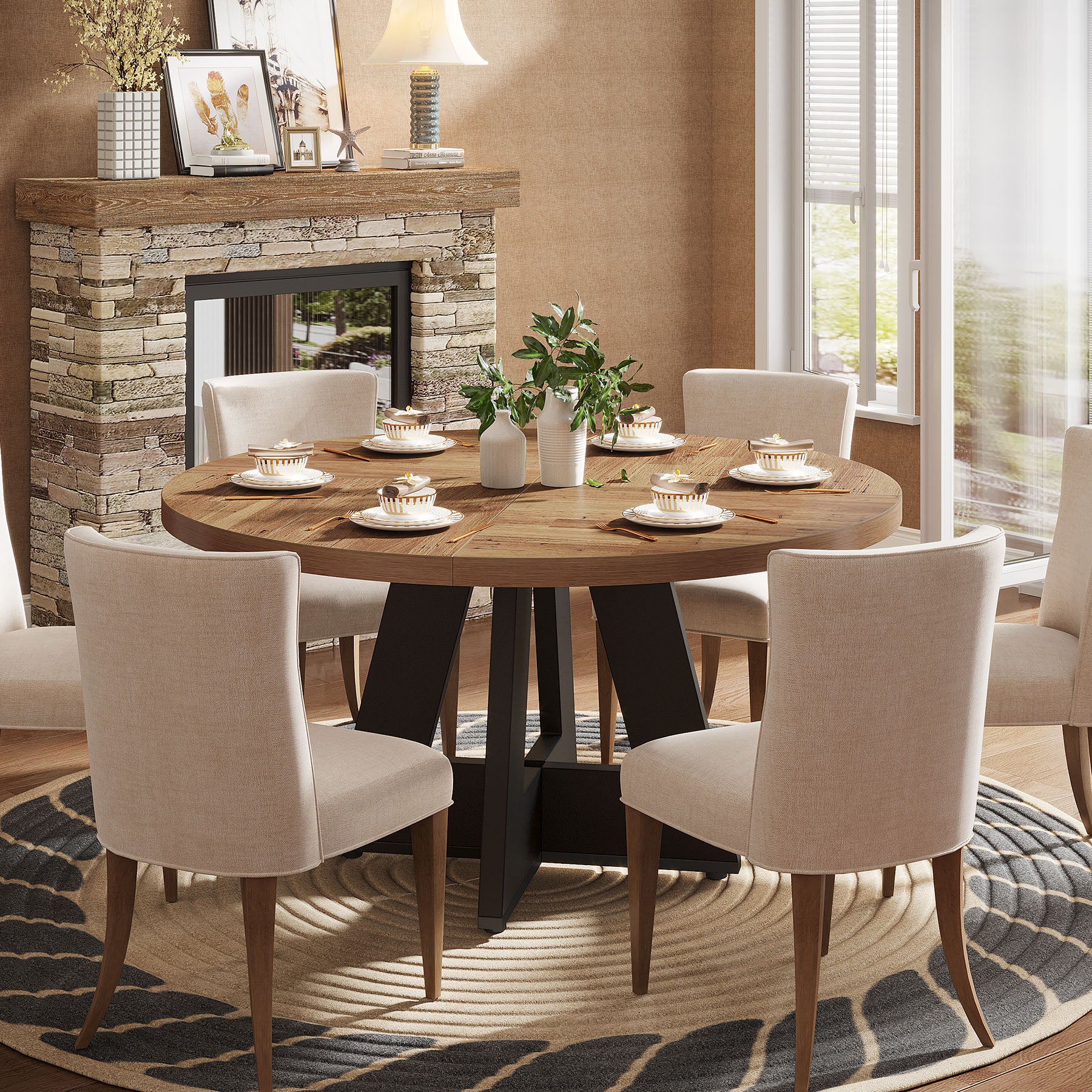 47" Round Farmhouse Dining Table for 4 People, Rustic Dining Room Table - Image 46
