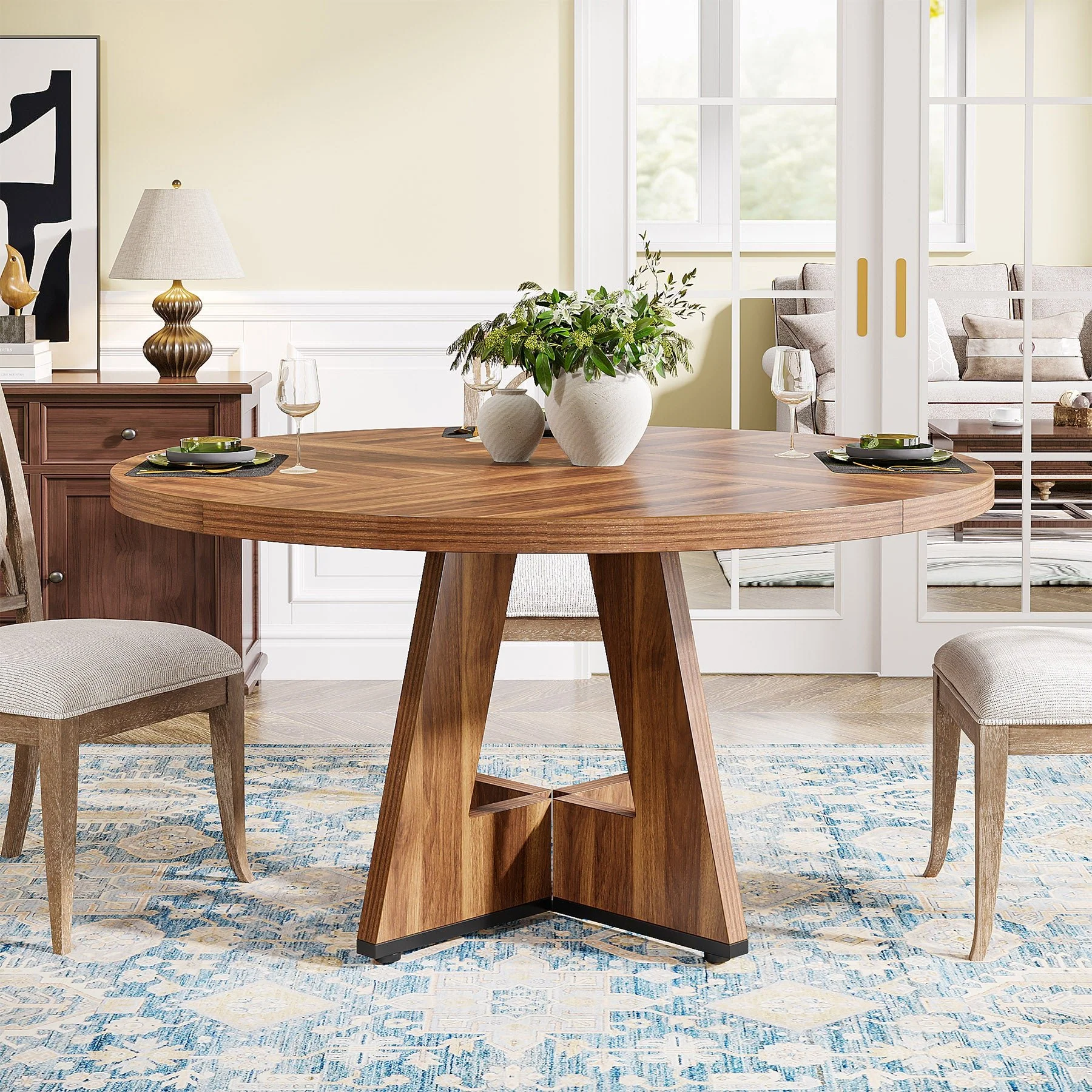 47" Round Farmhouse Dining Table for 4 People, Rustic Dining Room Table - Image 6
