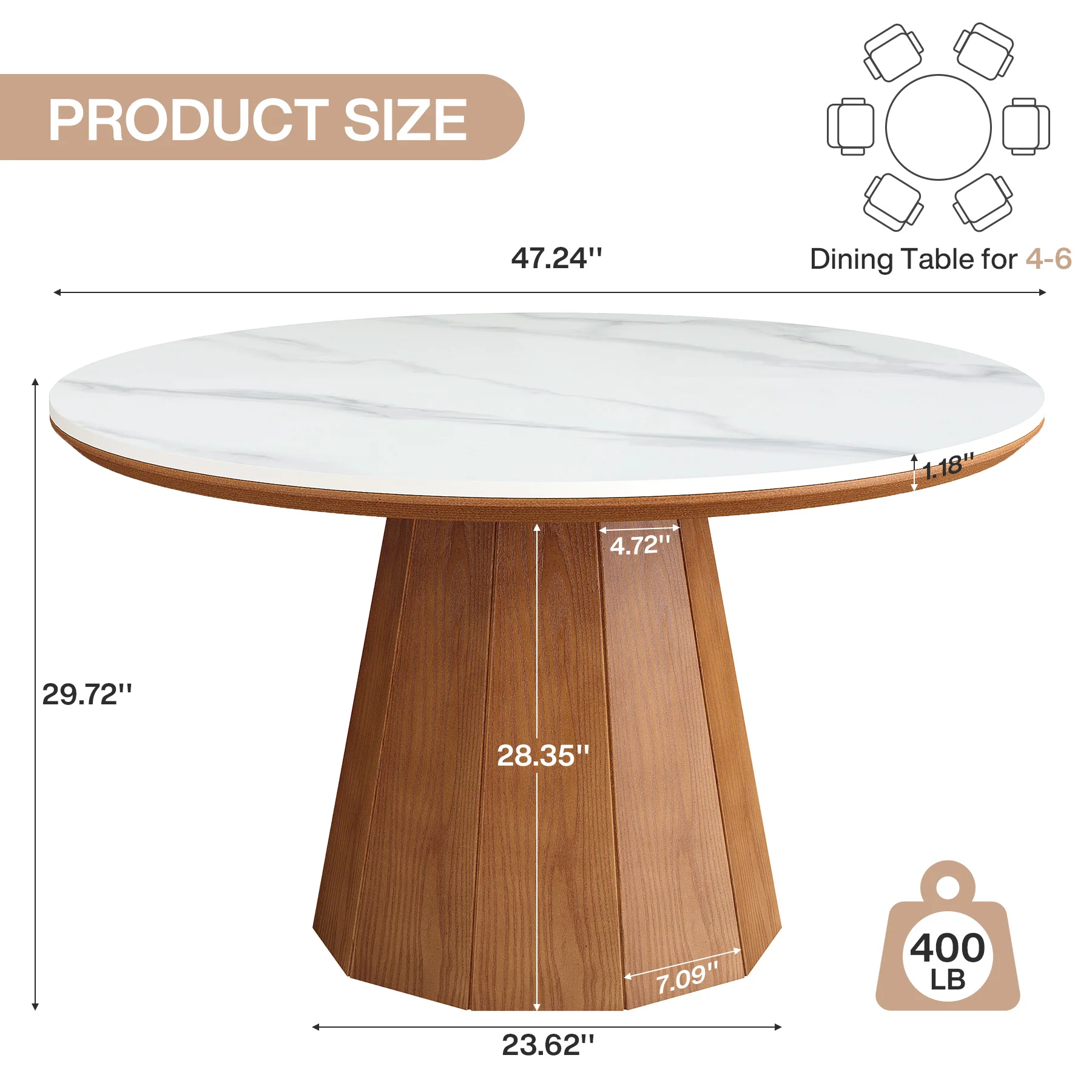47” Round Sintered Stone Dining Table, Solid Wood Kitchen Dinner Table for 4-6 - Image 2