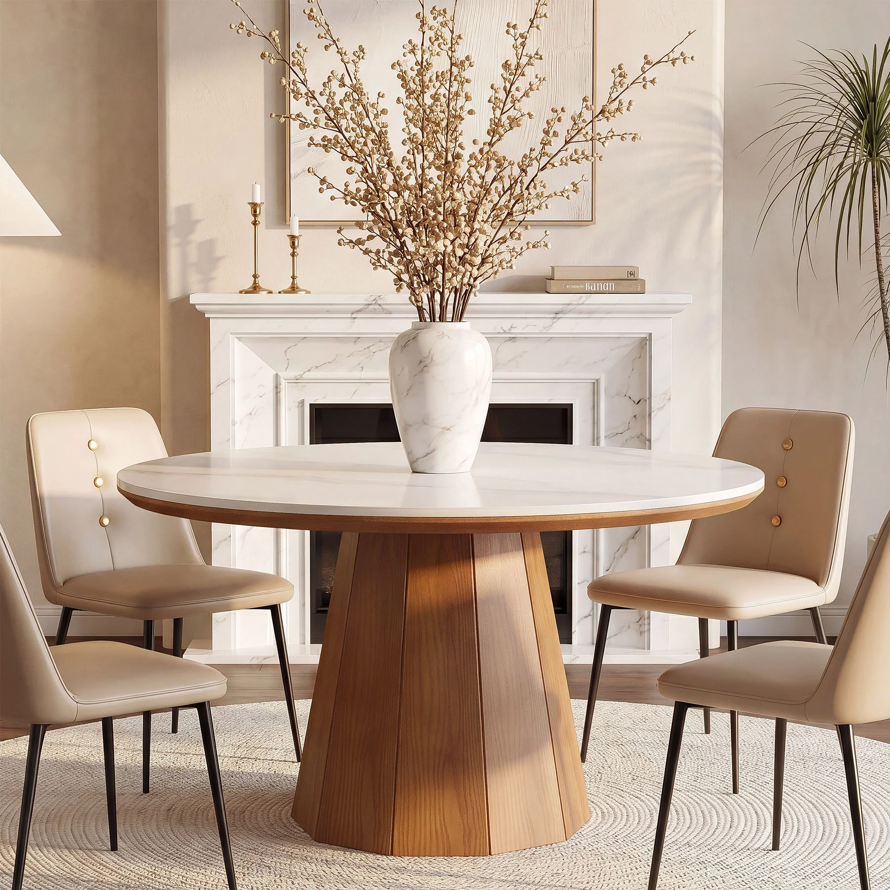 47” Round Sintered Stone Dining Table, Solid Wood Kitchen Dinner Table for 4-6 - Image 3