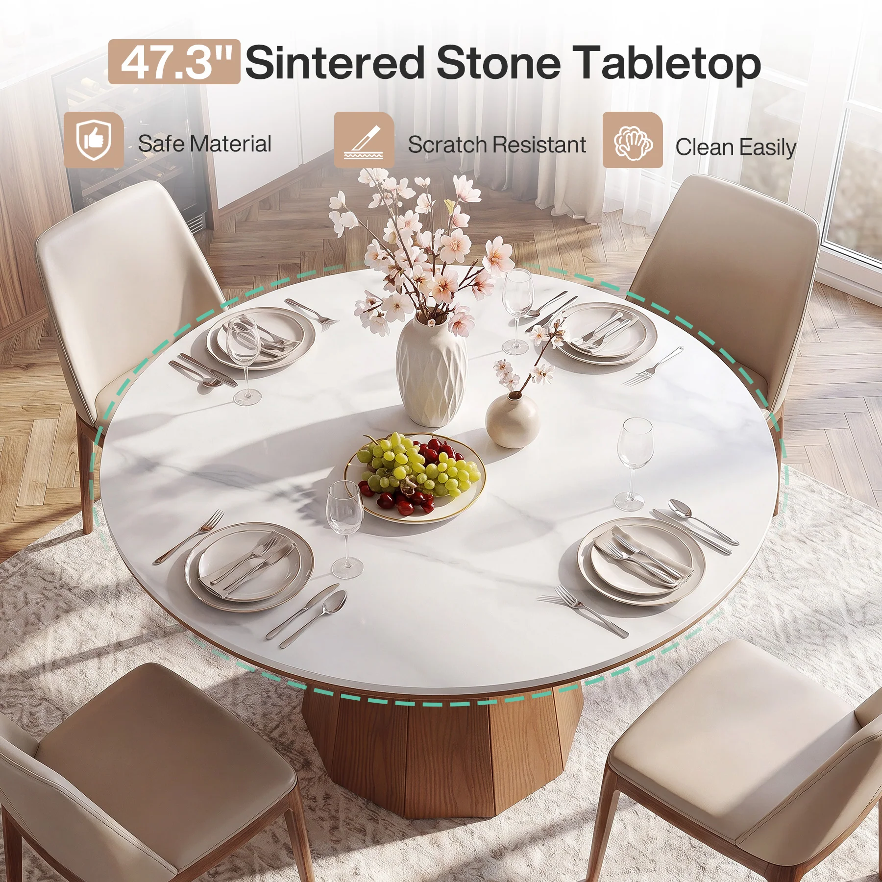 47” Round Sintered Stone Dining Table, Solid Wood Kitchen Dinner Table for 4-6 - Image 6