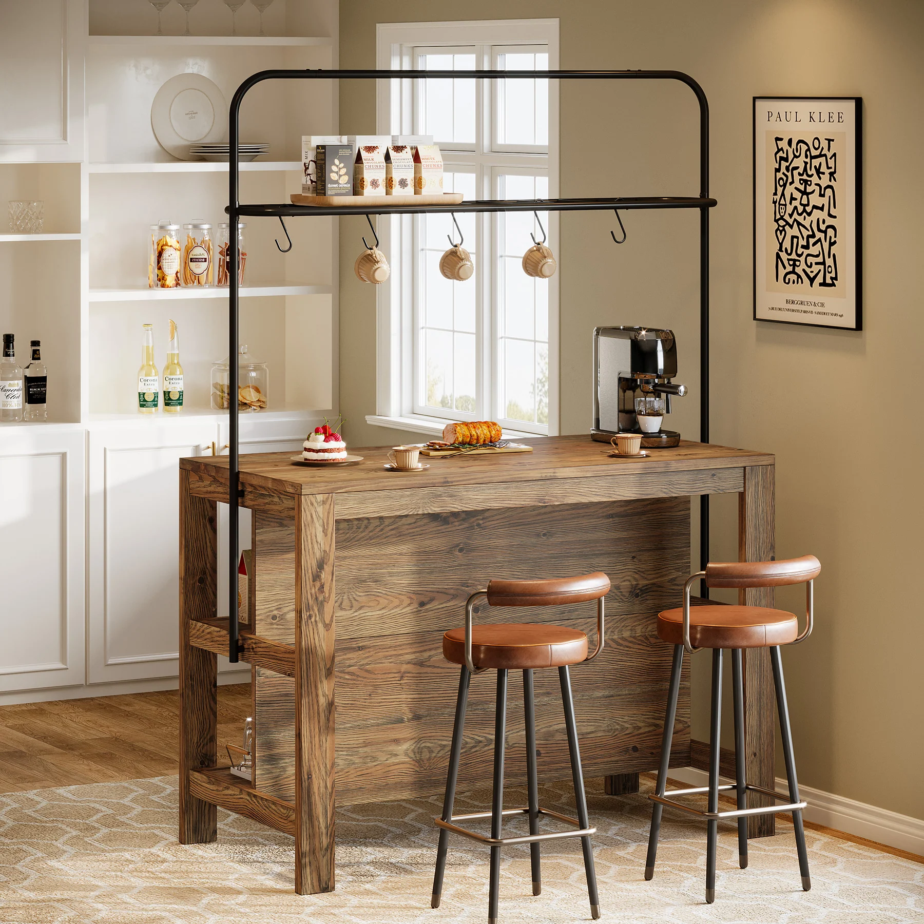 47" Solid Wood Bar Table, 3-Tier Home Bar Unit with Storage Shelves & 5 Hooks - Image 3