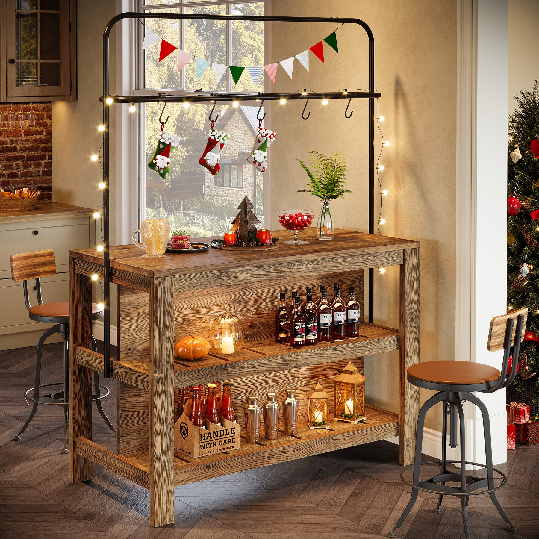 47" Solid Wood Bar Table, 3-Tier Home Bar Unit with Storage Shelves & 5 Hooks - Image 4