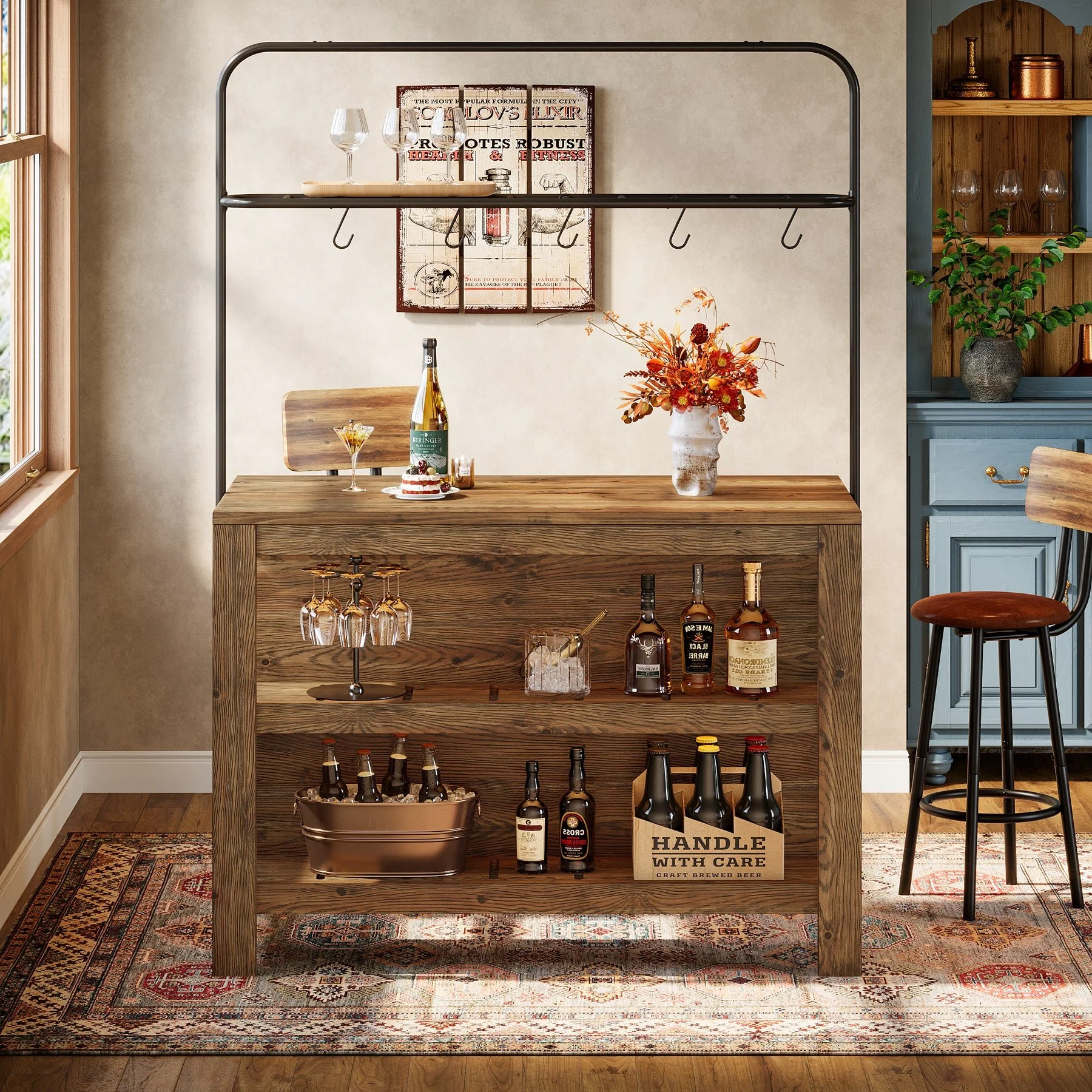 47" Solid Wood Bar Table, 3-Tier Home Bar Unit with Storage Shelves & 5 Hooks - Image 5