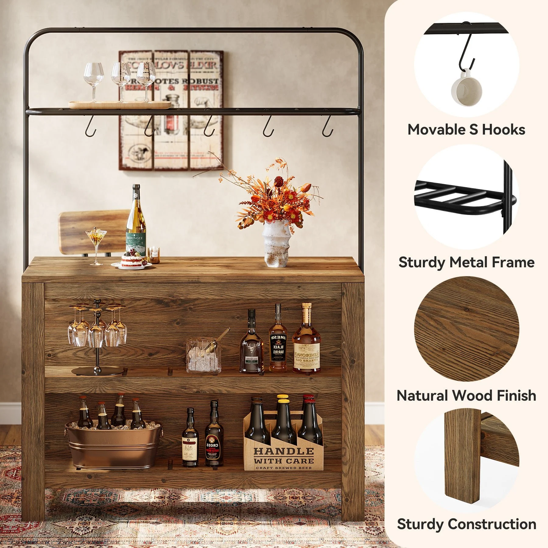 47" Solid Wood Bar Table, 3-Tier Home Bar Unit with Storage Shelves & 5 Hooks - Image 7