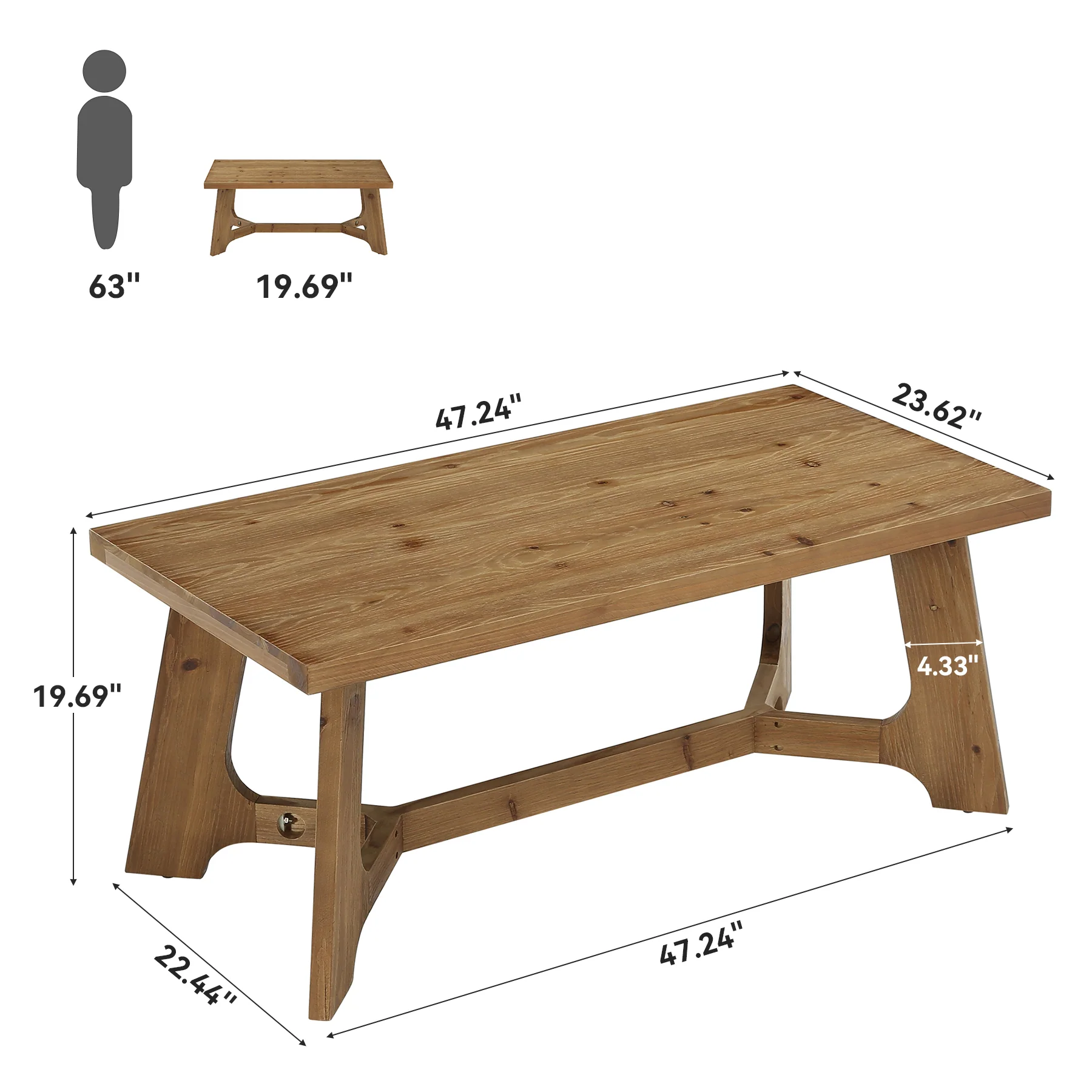 47" Solid Wood Coffee Table, Farmhouse Center Table for Living Room - Image 2
